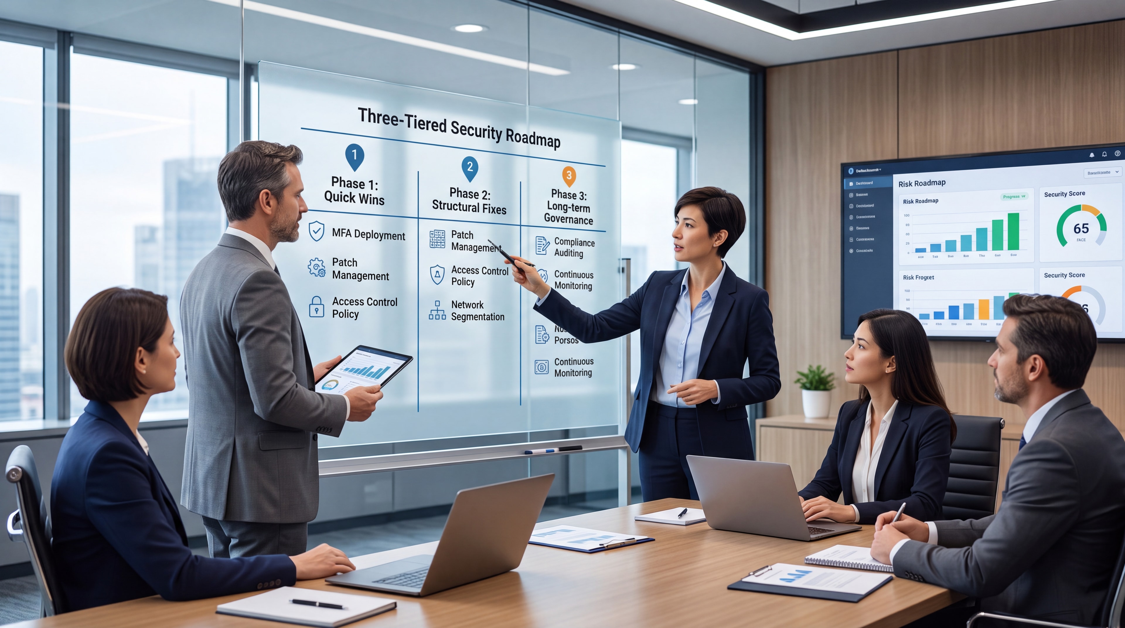 Security consultants and executive leadership reviewing a structured cybersecurity risk roadmap on interactive displays in a modern conference room.