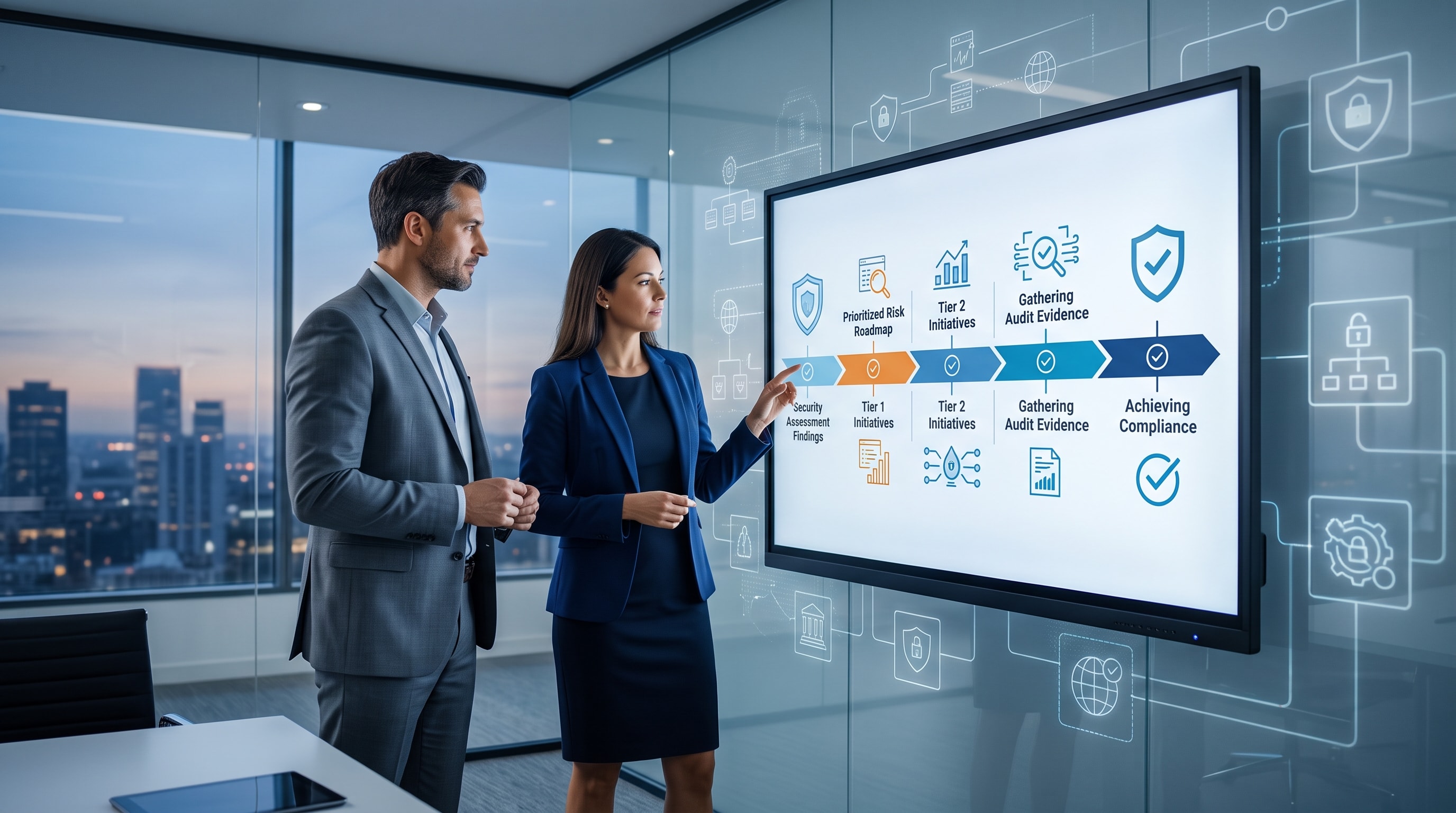 Security consulting workshop showing an IT director reviewing a risk roadmap and security framework visuals.