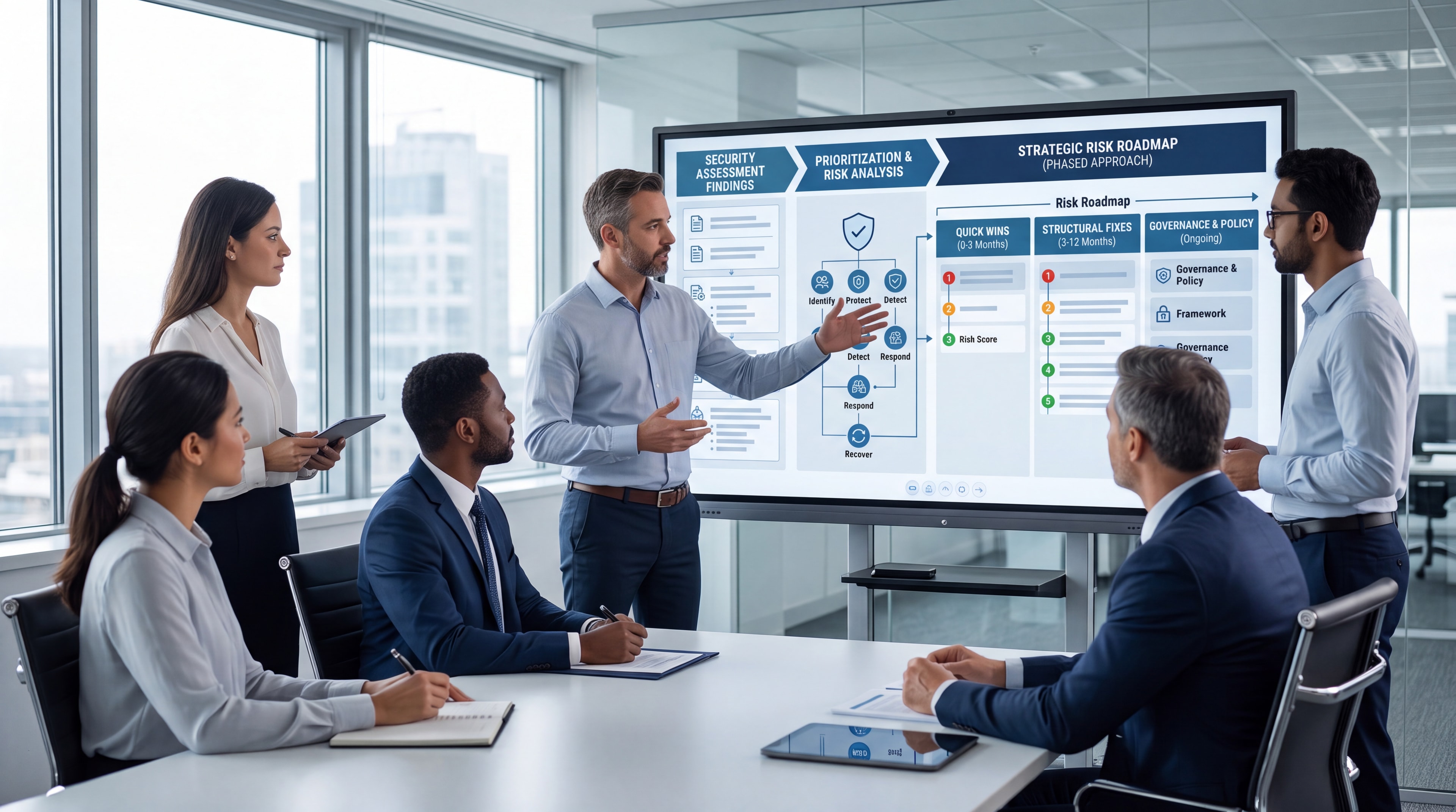 Consultants and IT directors reviewing a security risk roadmap on a digital screen.
