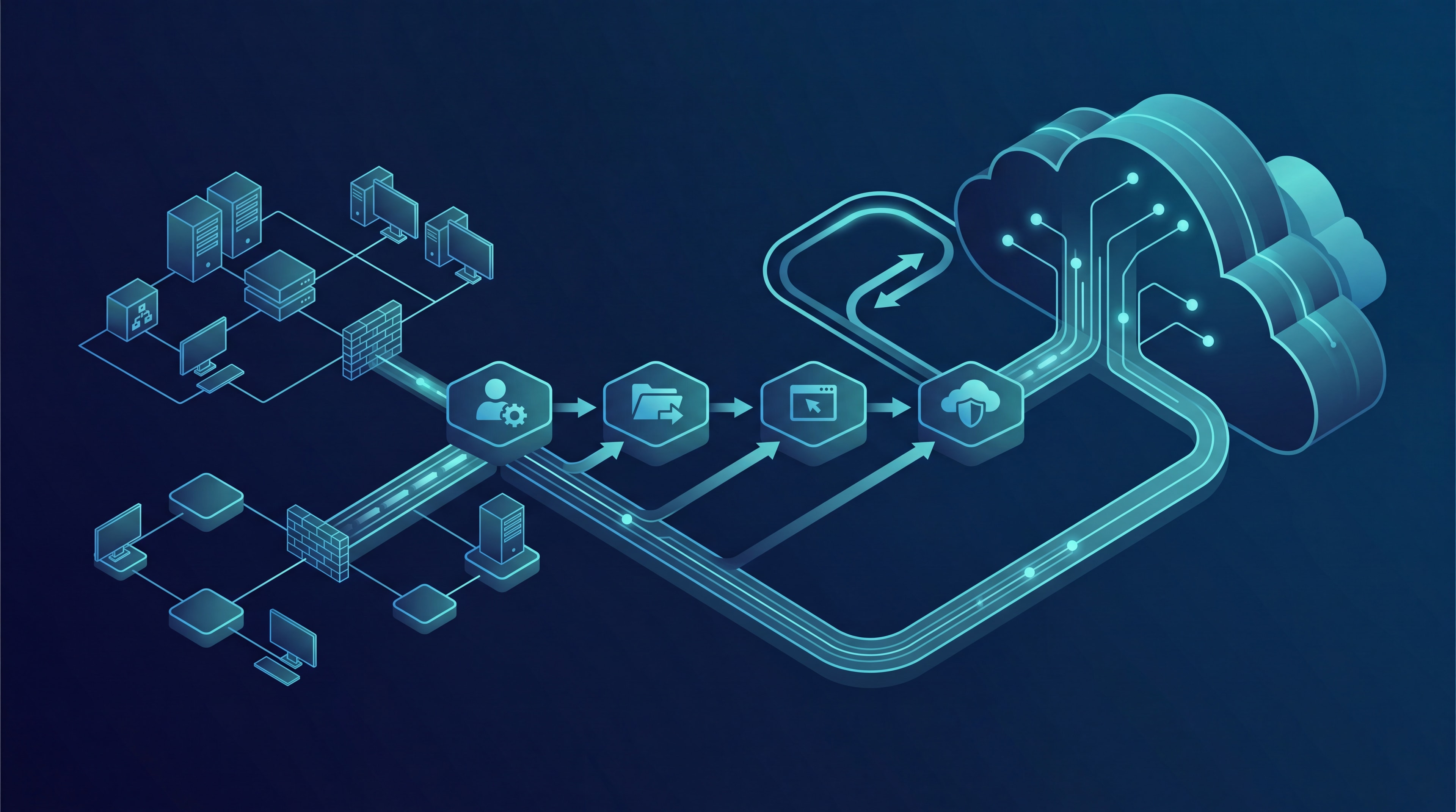 Abstract professional blue diagram illustrating cloud infrastructure and hybrid data synchronization.