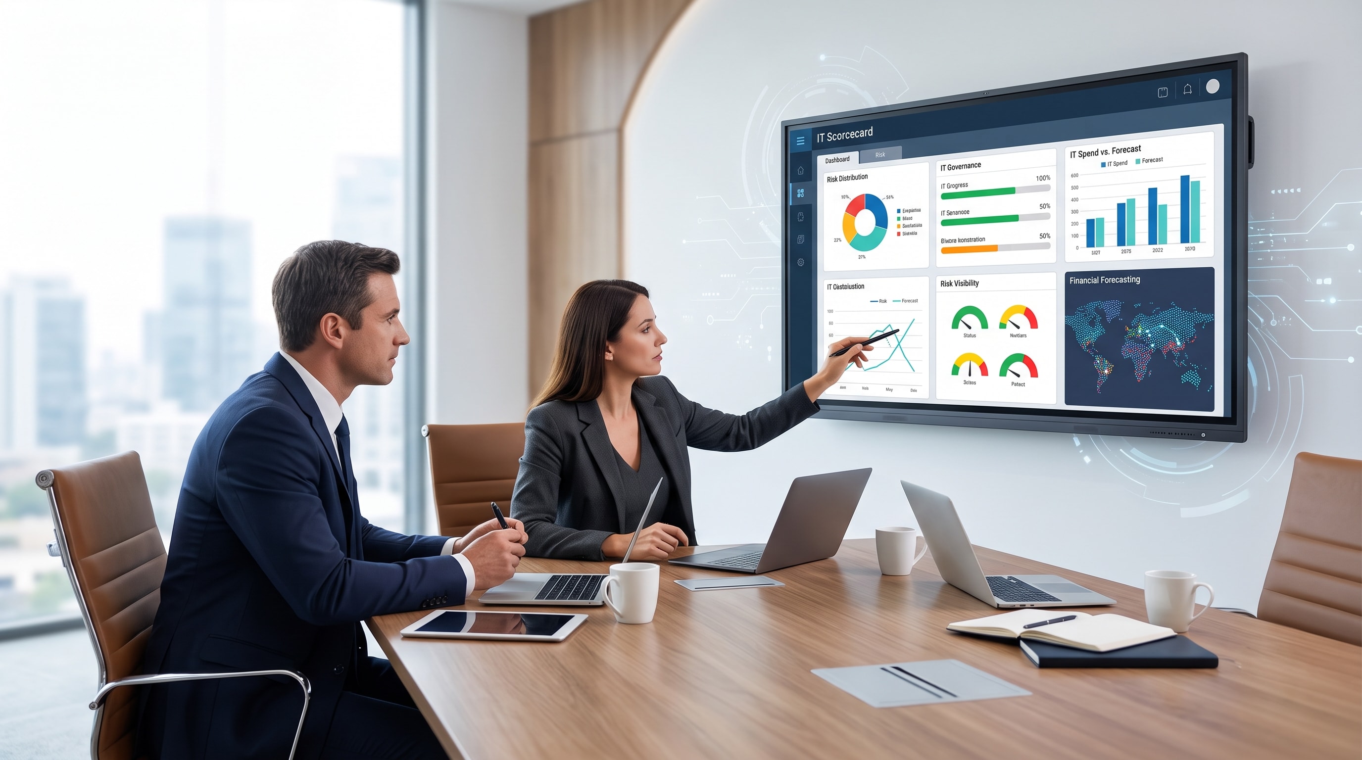 An executive team reviewing an IT governance scorecard and quarterly strategy metrics during a business review.