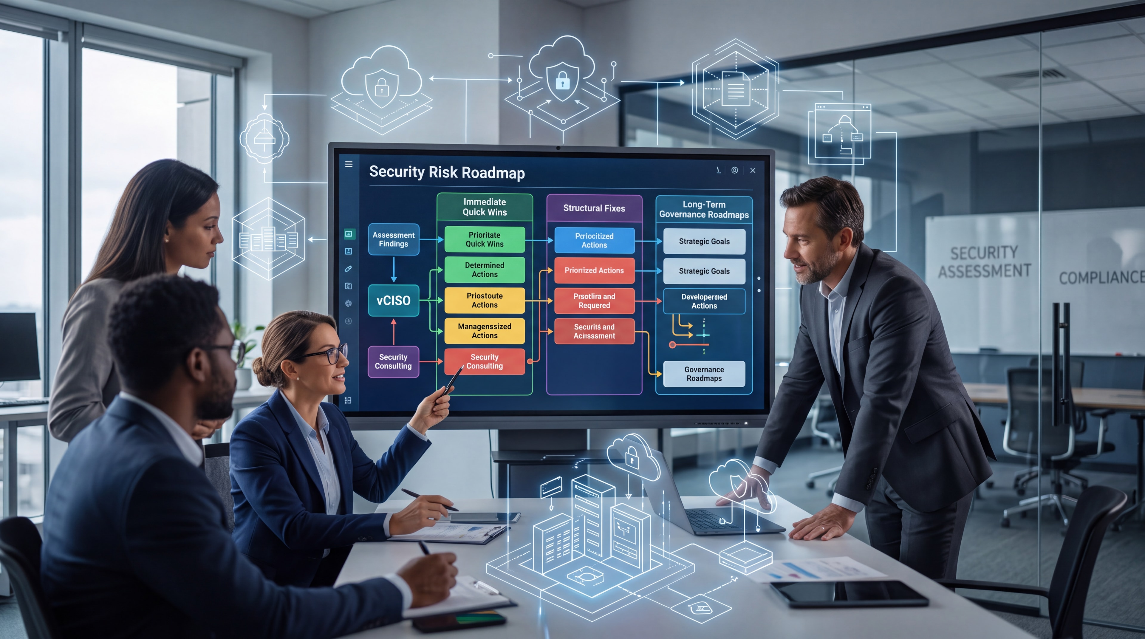 IT leadership and security consultants reviewing a risk remediation roadmap in a modern boardroom.