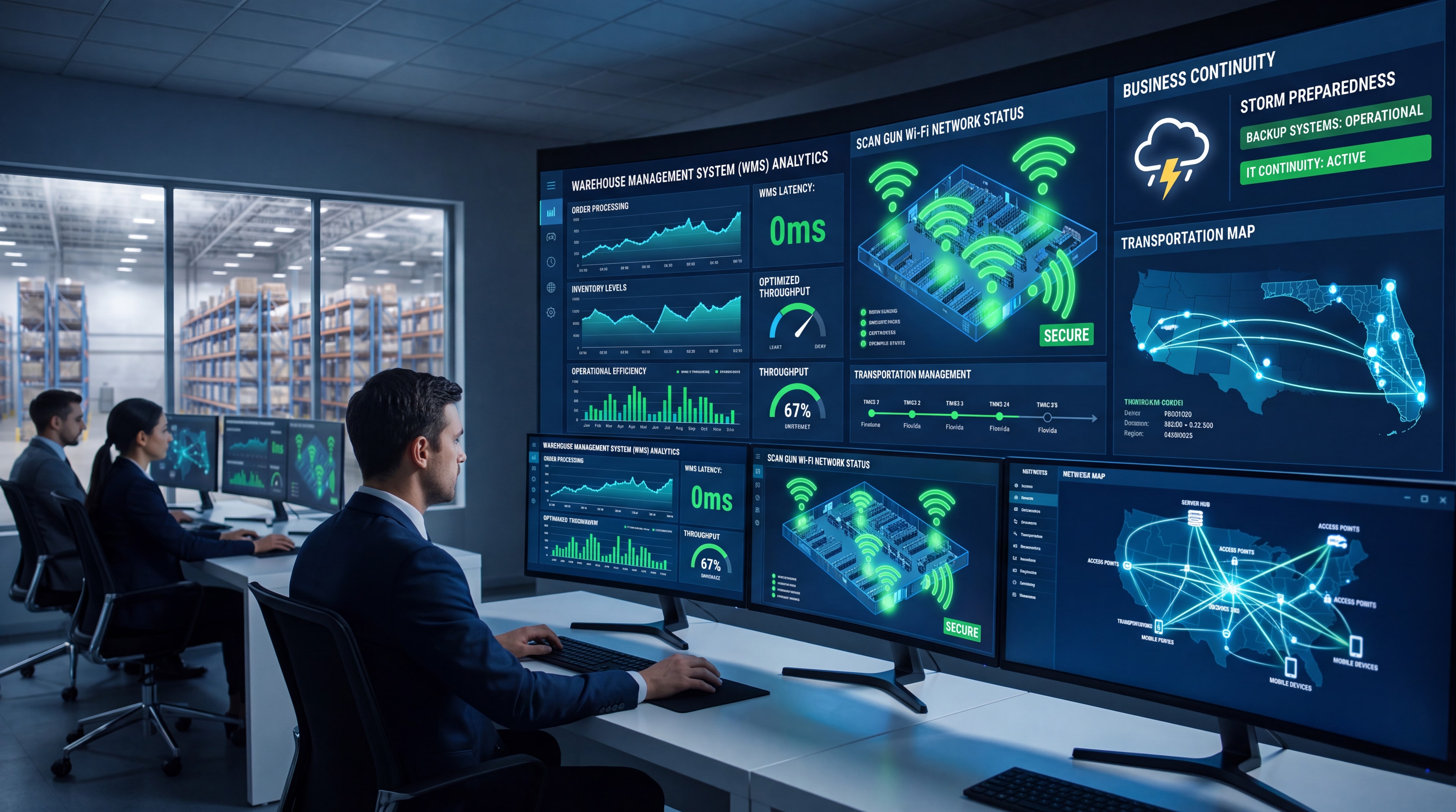 A modern logistics control center with digital dashboards displaying WMS and TMS operations data.