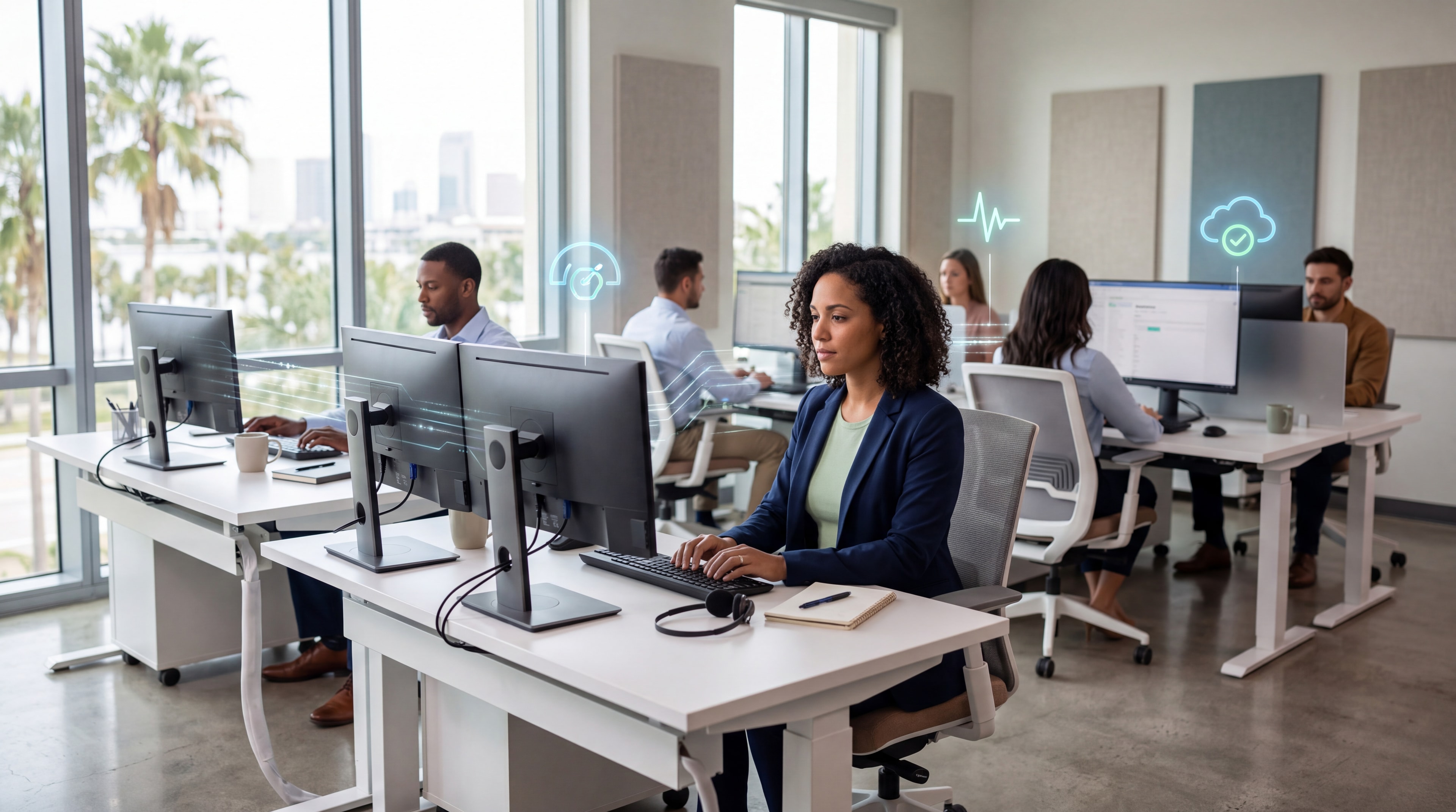 A modern, calm SMB office in Tampa where employees work smoothly at workstations during peak hours.