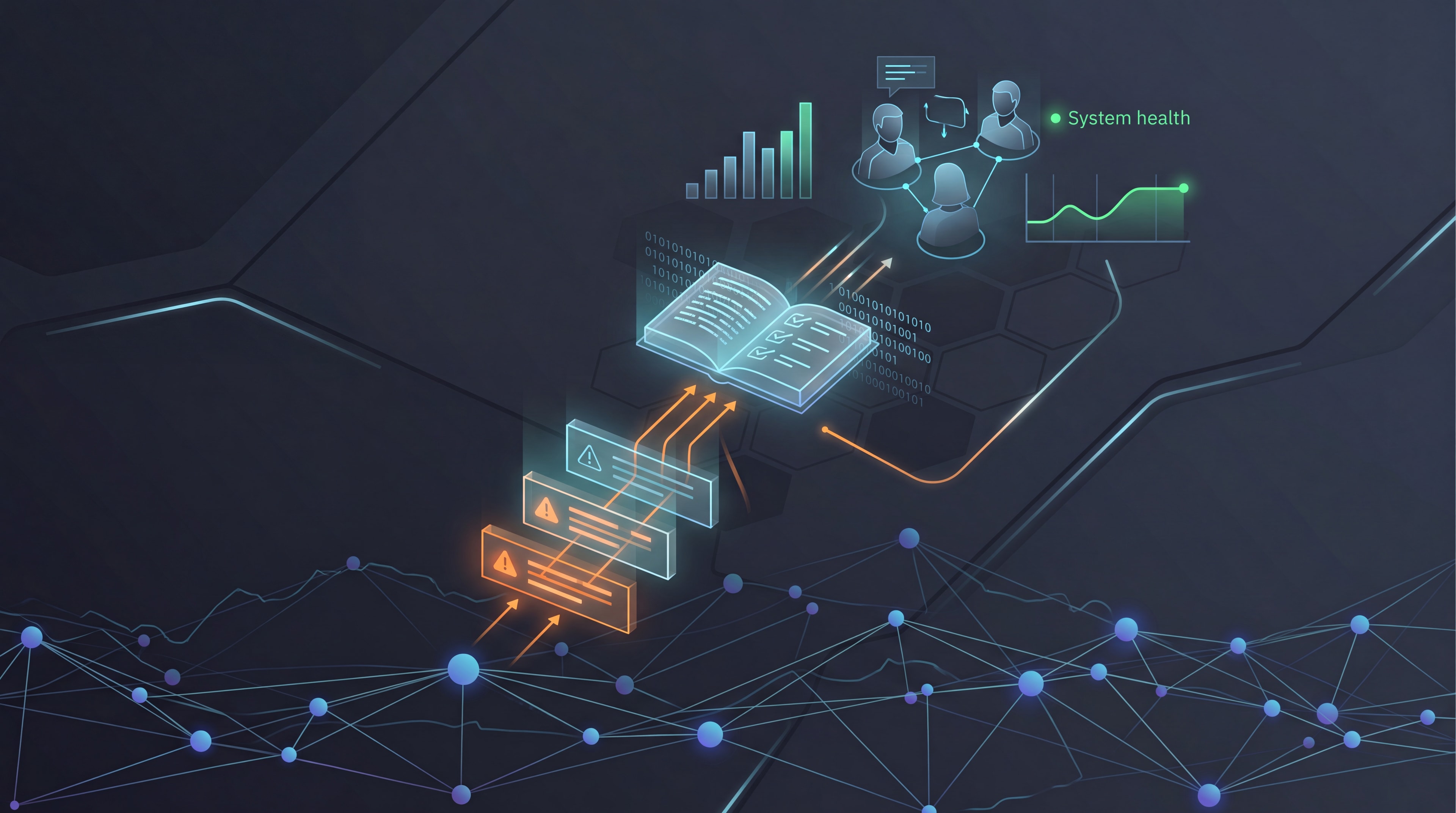 Futuristic network operations dashboard conceptual illustration showing telemetry nodes and alert statuses.
