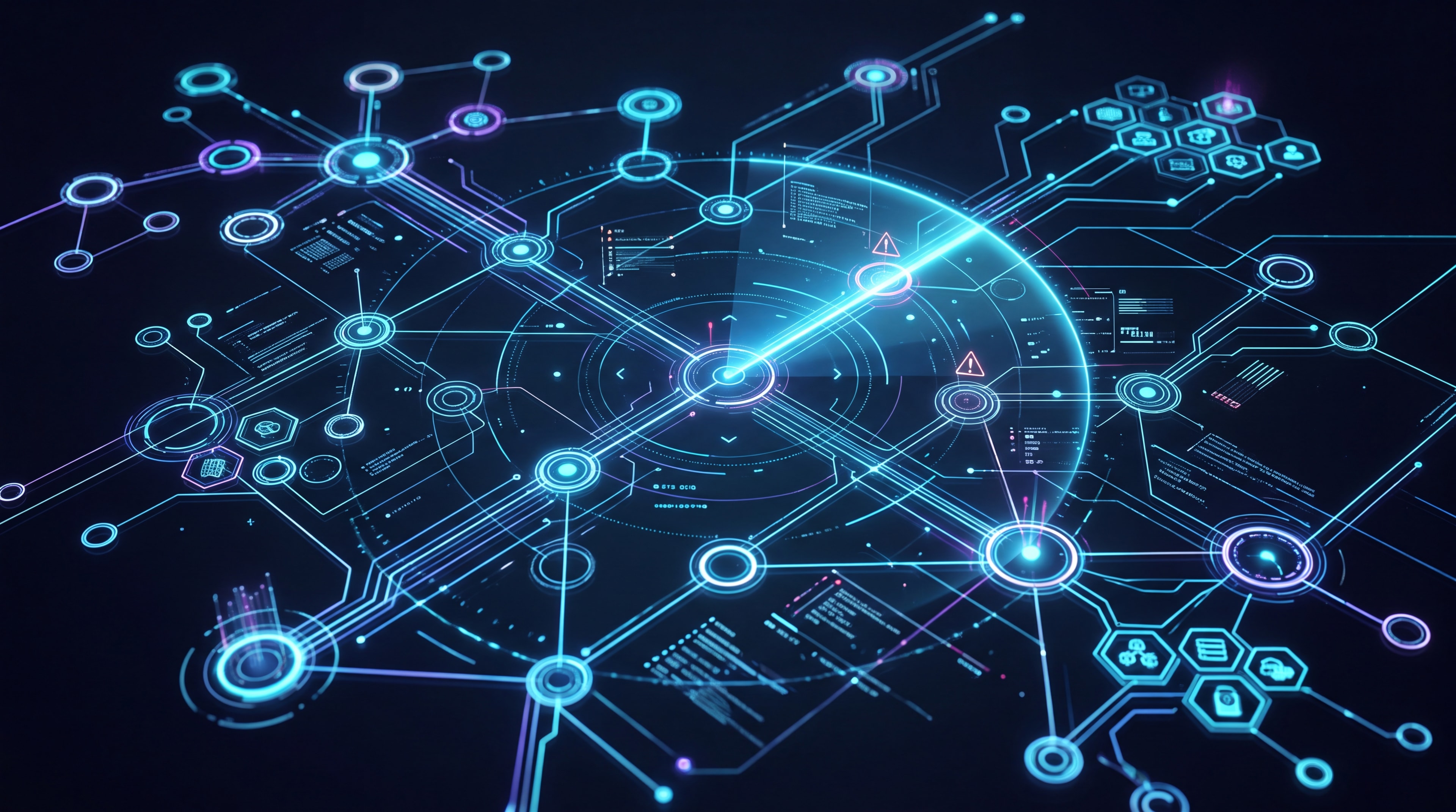 Abstract visualization of an external attack surface map showing interconnected glowing network nodes.