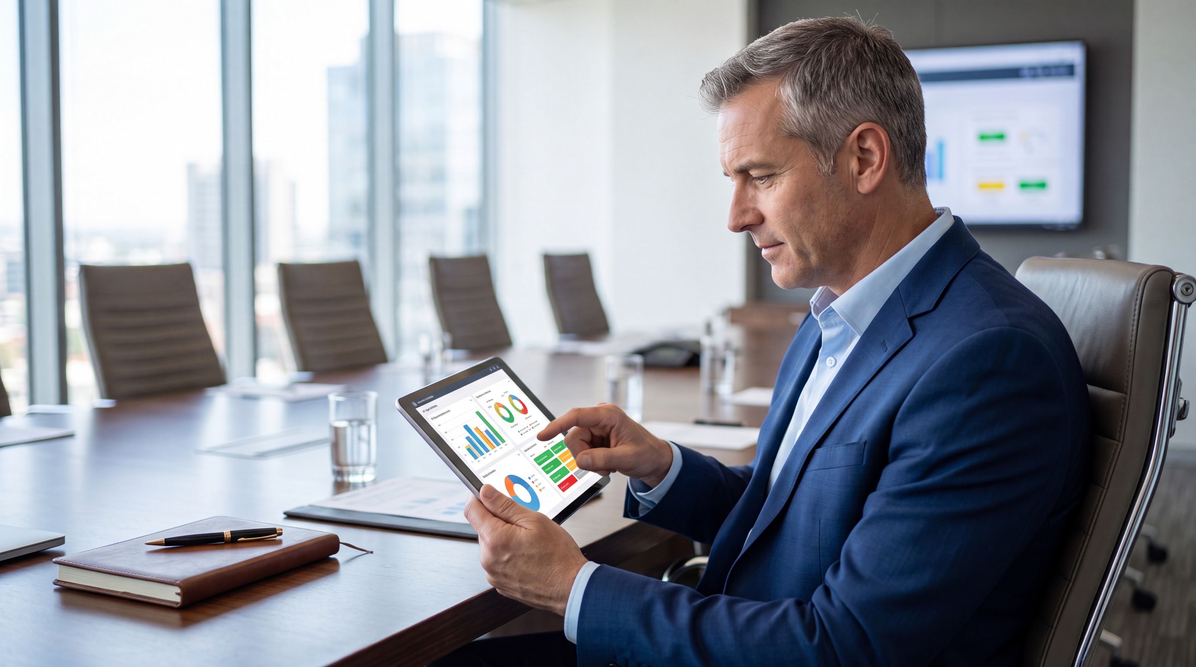 Executive reviewing IT governance metrics and a quarterly scorecard on a digital tablet in a boardroom.