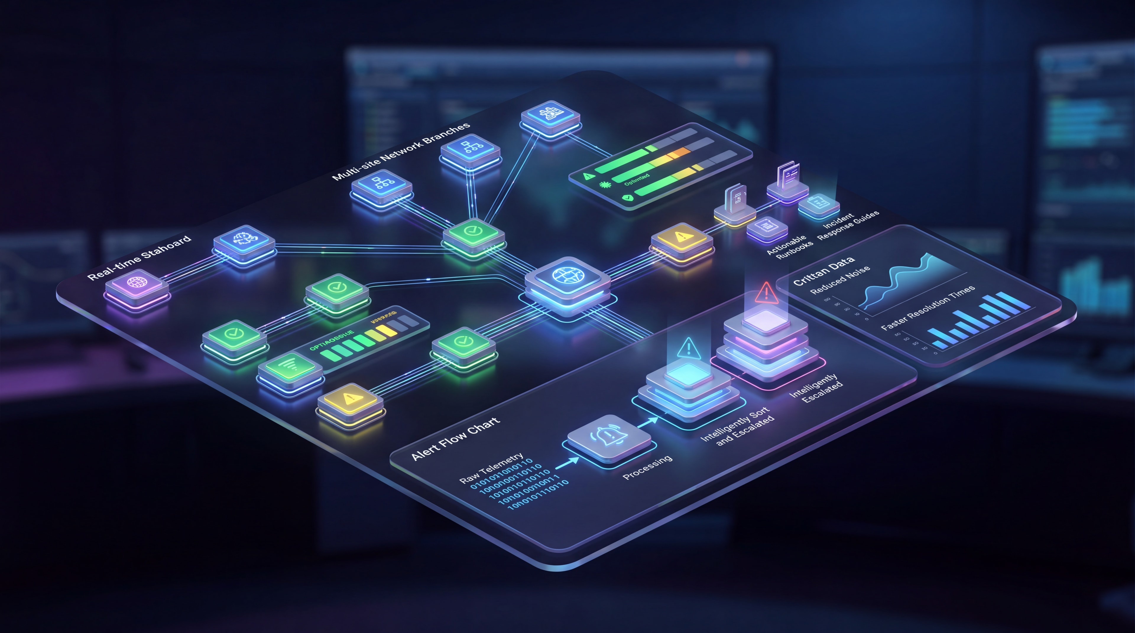 A stylized 3D conceptual monitoring dashboard showing interconnected multi-site network nodes and alert workflow indicators.
