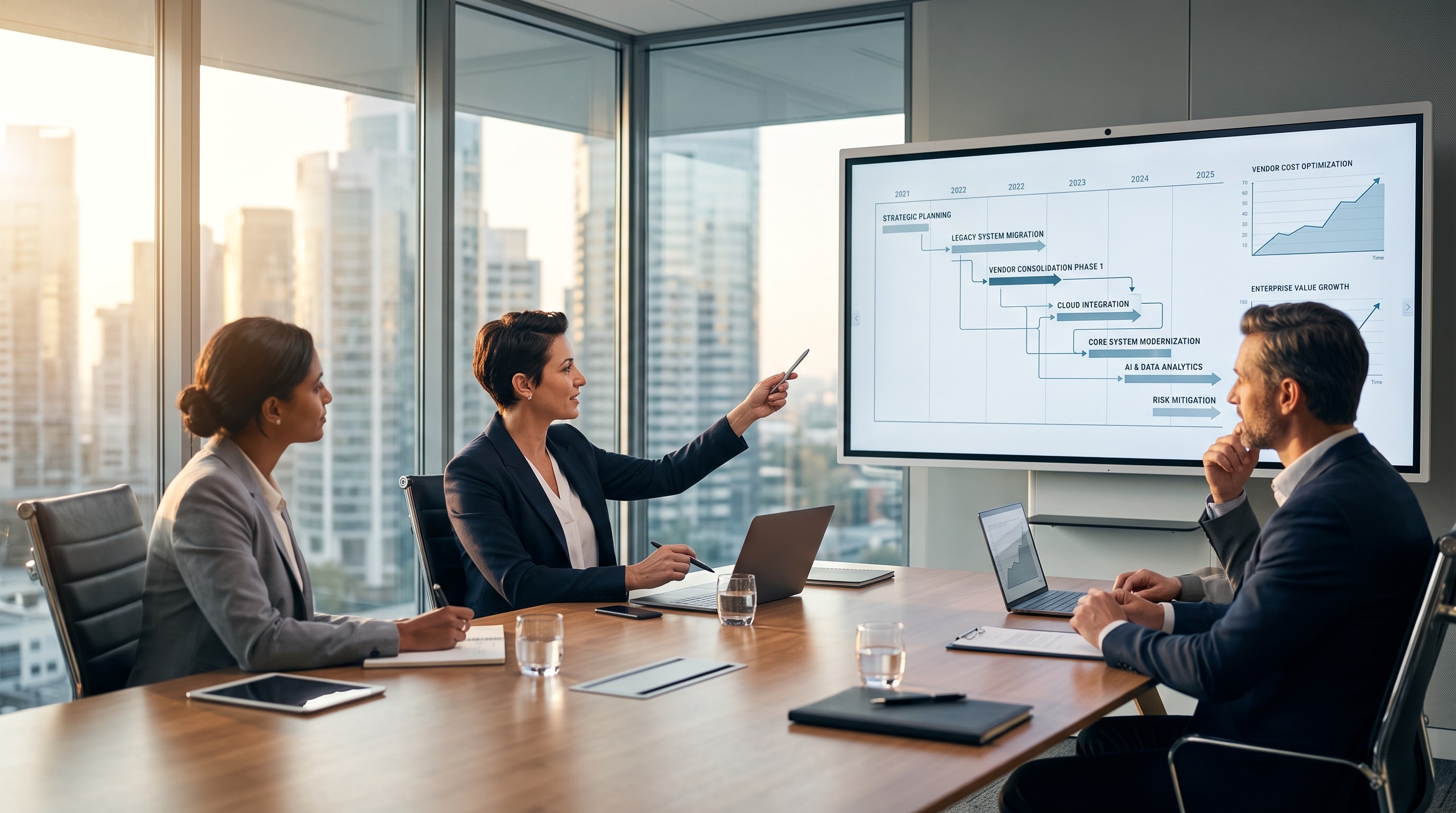 Executive leadership team discussing technology roadmap and vendor strategy in a modern boardroom