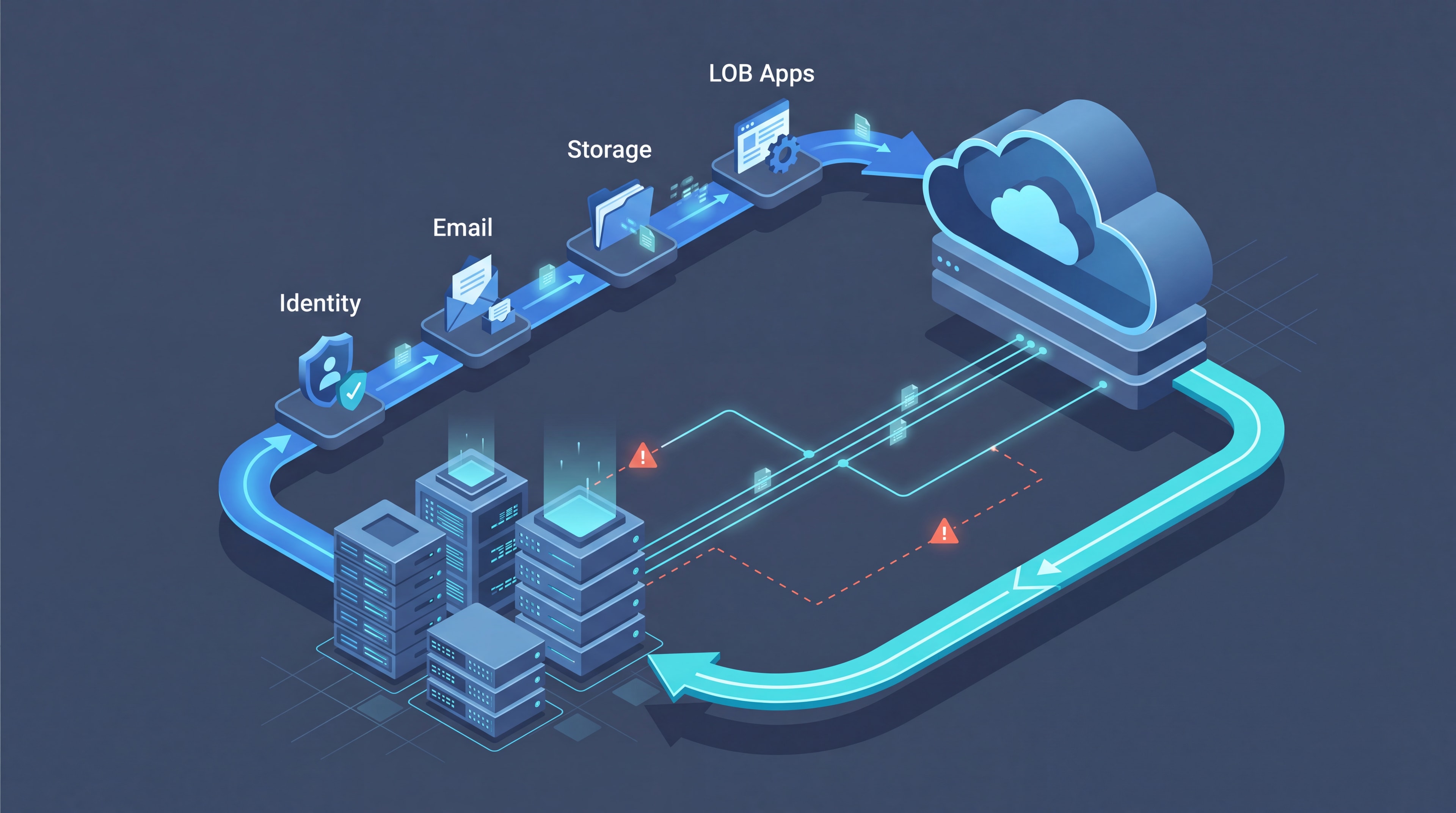 Abstract isometric illustration of hybrid cloud network infrastructure with connected node pathways in professional blue tones.