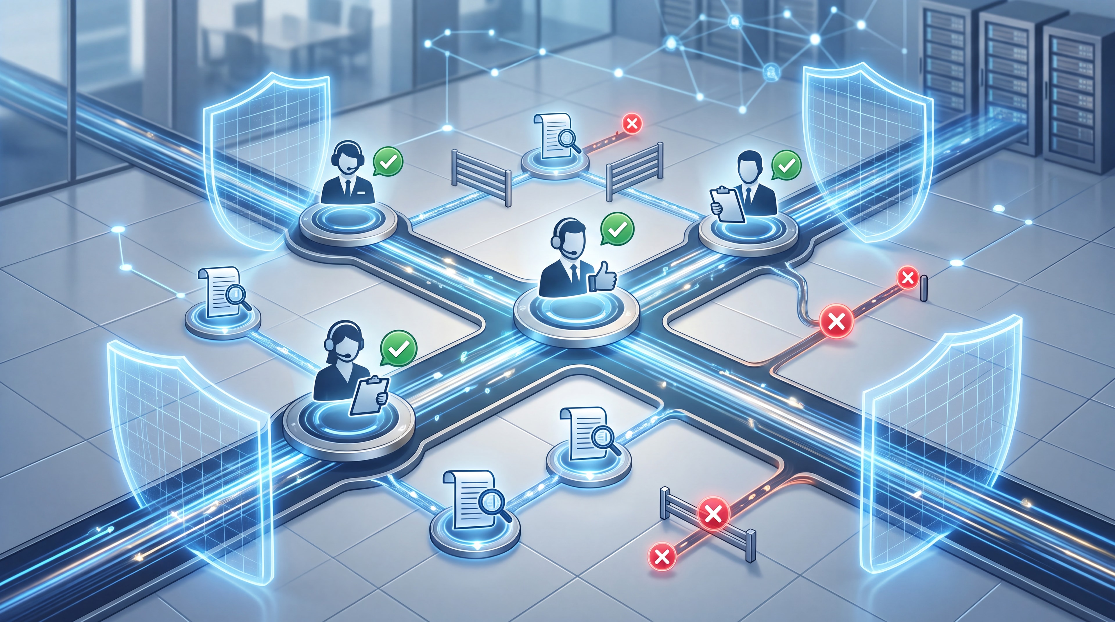 A digital dashboard illustrating secure AI workflow integration with human approval nodes and data boundary indicators.