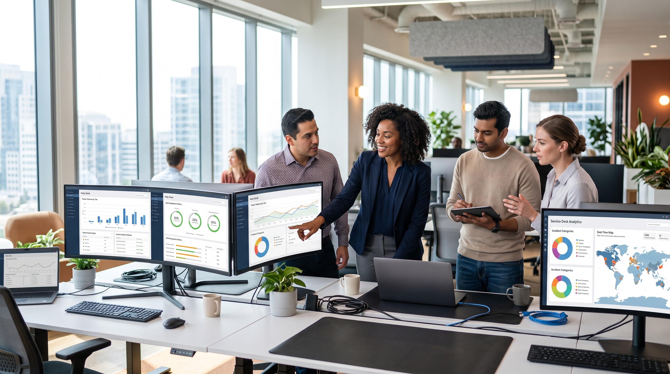 An IT support team collaborating in a bright modern office discussing help desk metrics and user service tickets.