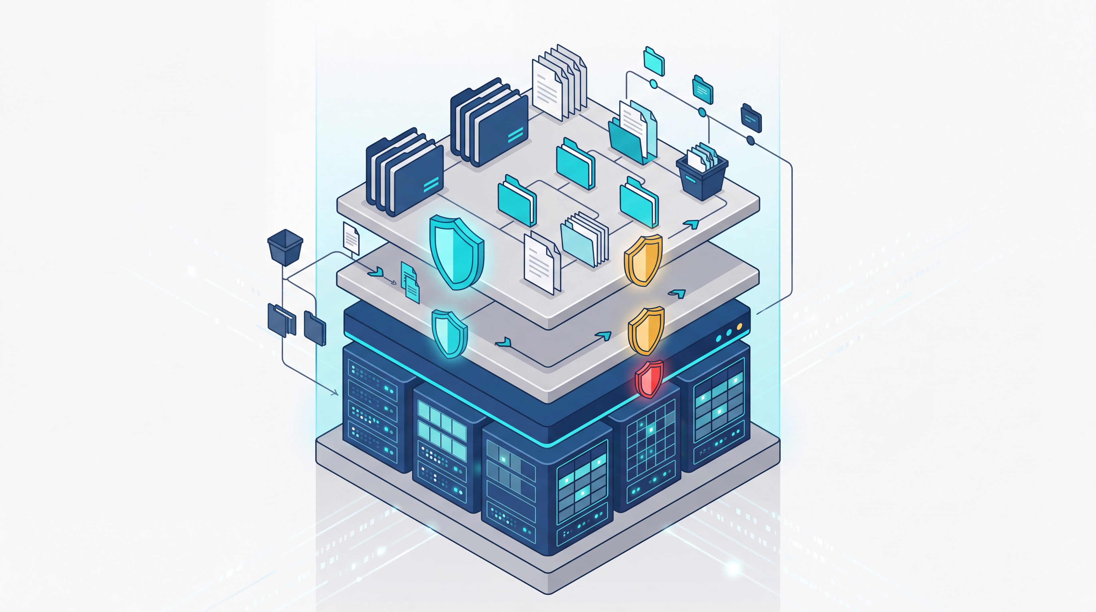 Isometric vector illustration showing clean, organized data layers and governance structures.
