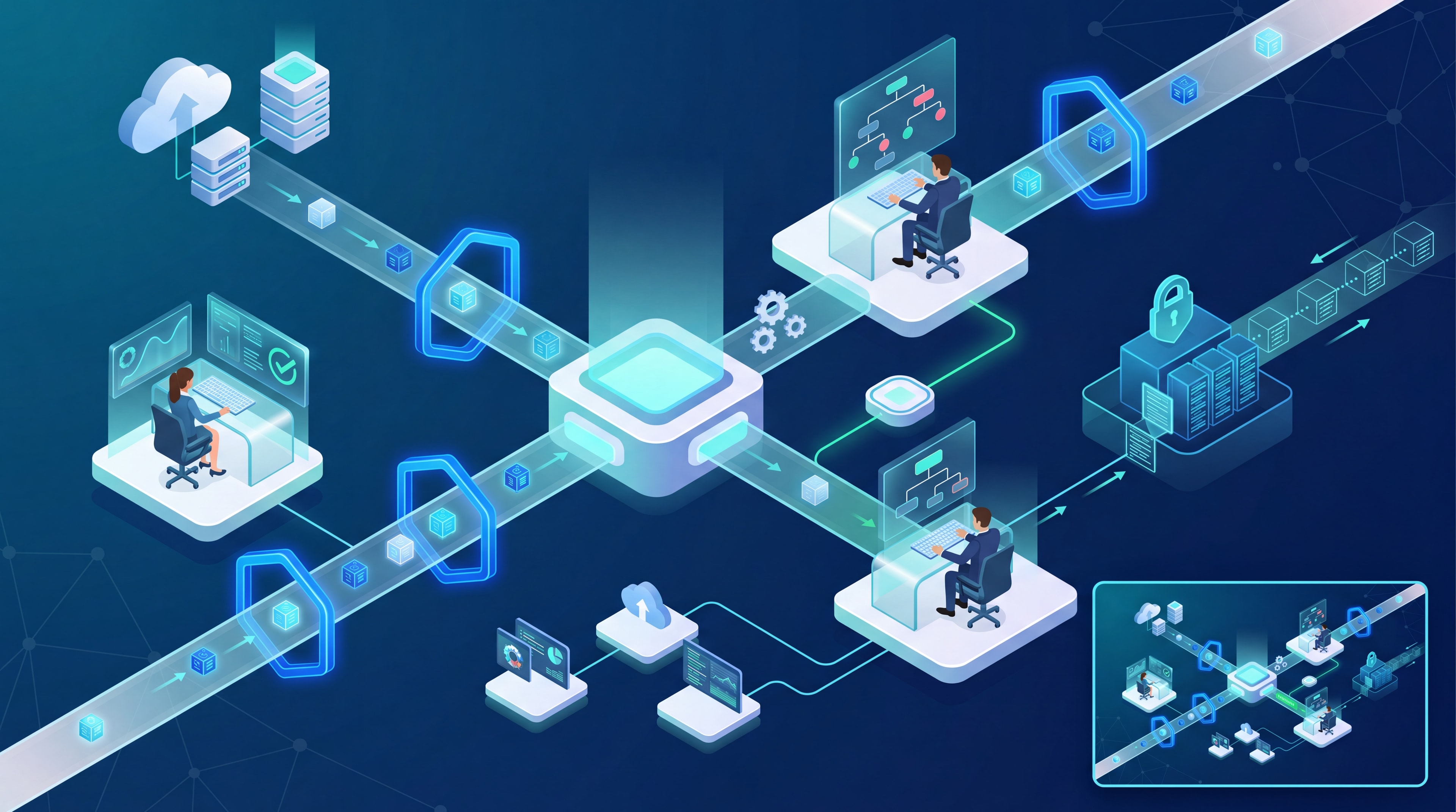 Illustration of a secure enterprise AI workflow featuring human-in-the-loop review nodes and data guardrails.