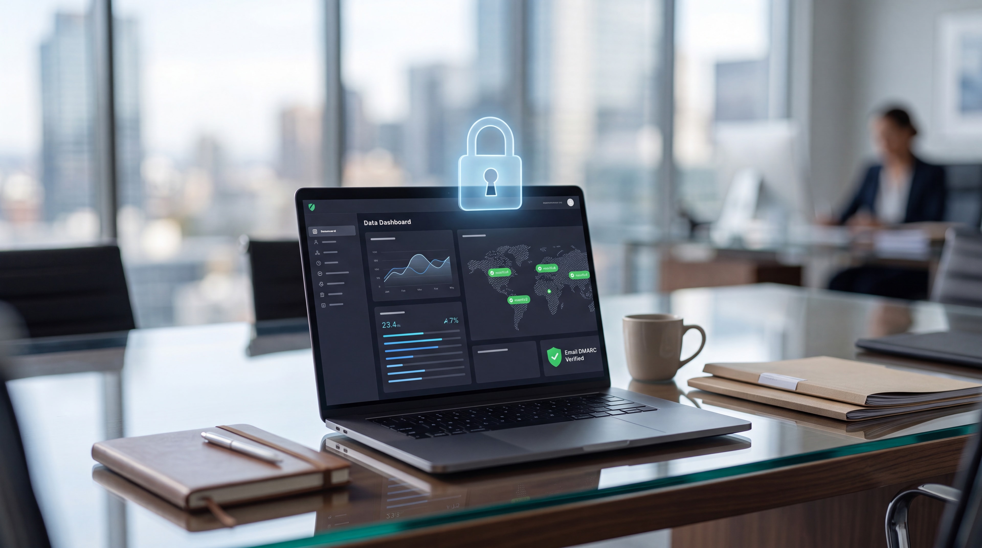 A secure laptop on a glass conference table in a modern law firm, illustrating legal technology and data protection.