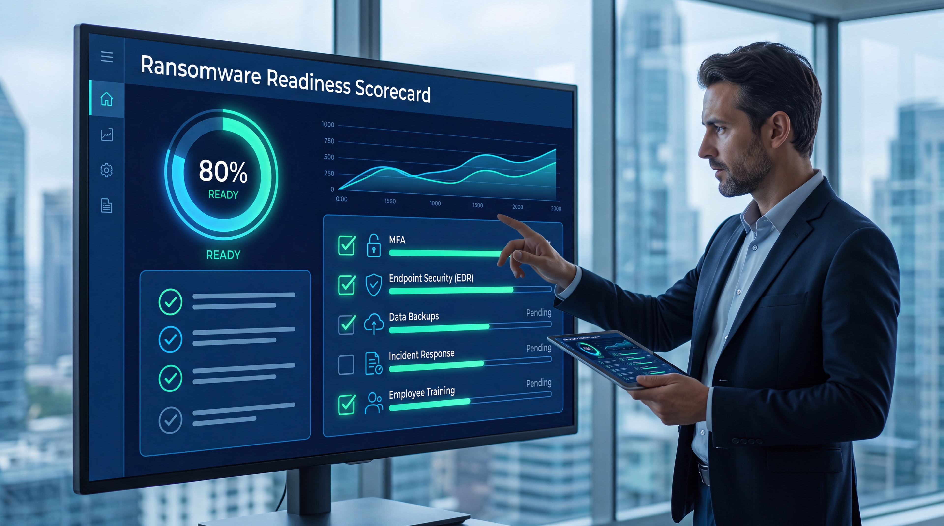 A digital scorecard interface displaying cybersecurity resilience metrics and a readiness checklist.