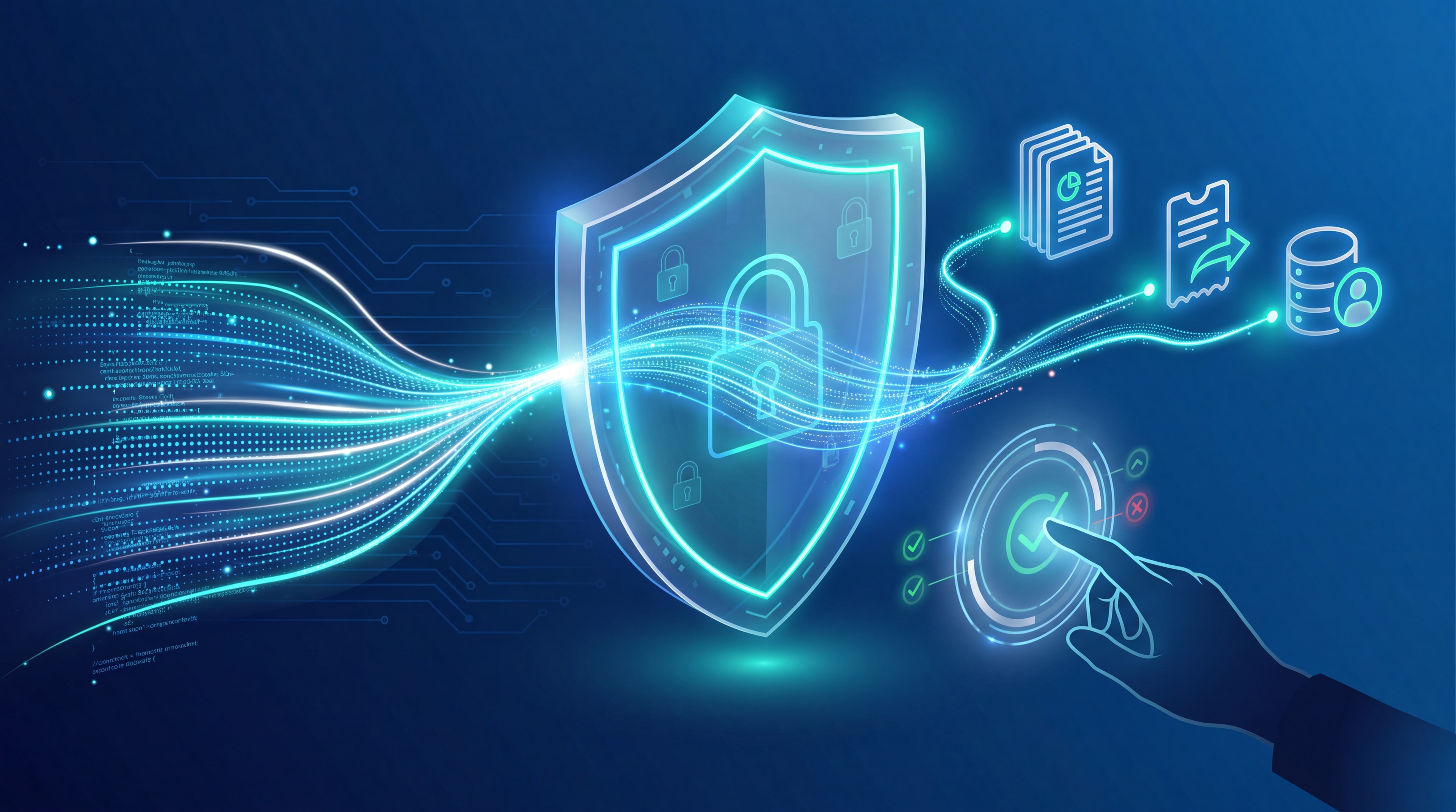 Digital illustration of an AI data stream passing through a security shield, monitored by a human operator.