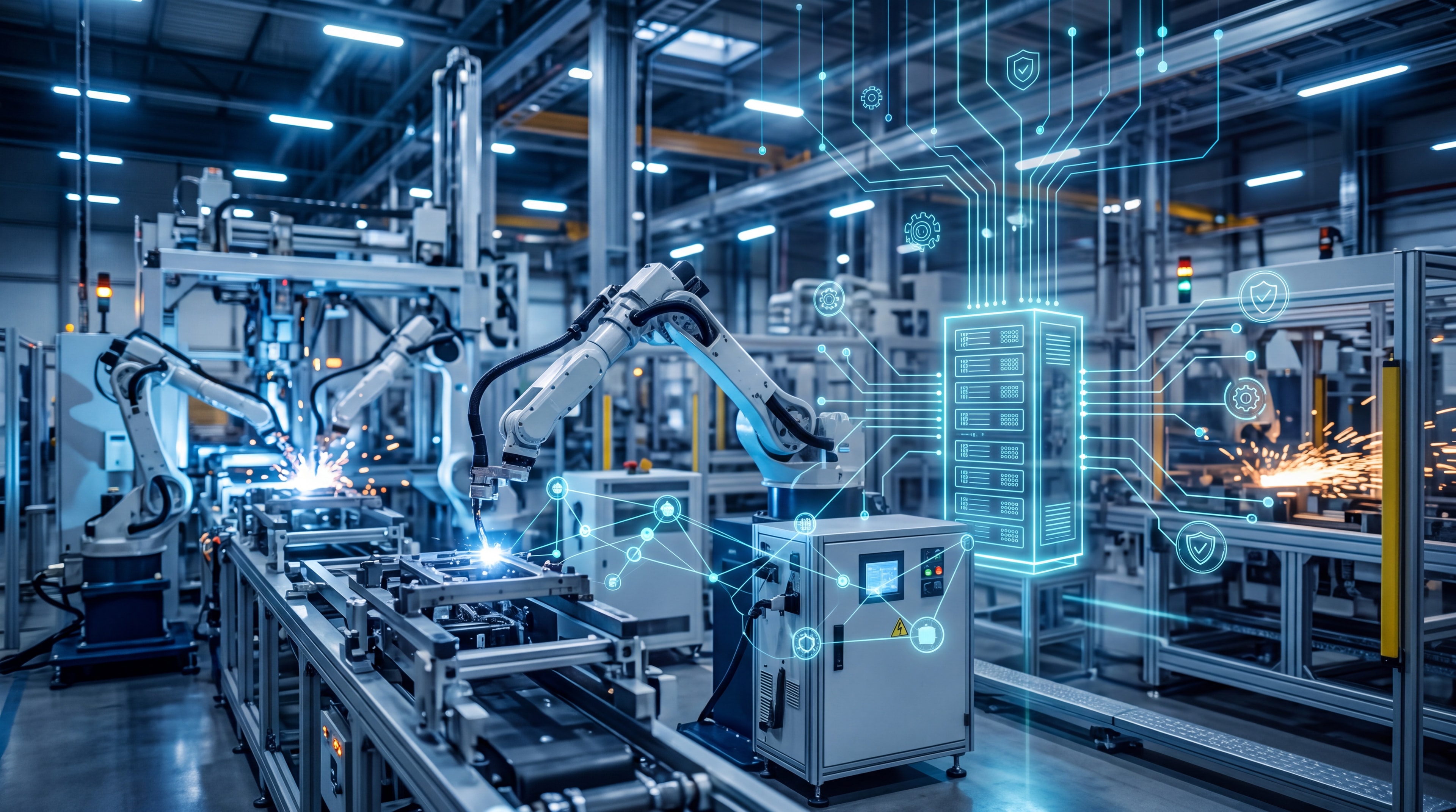 Modern automated manufacturing floor featuring robotic arms and secure digital network visualization.