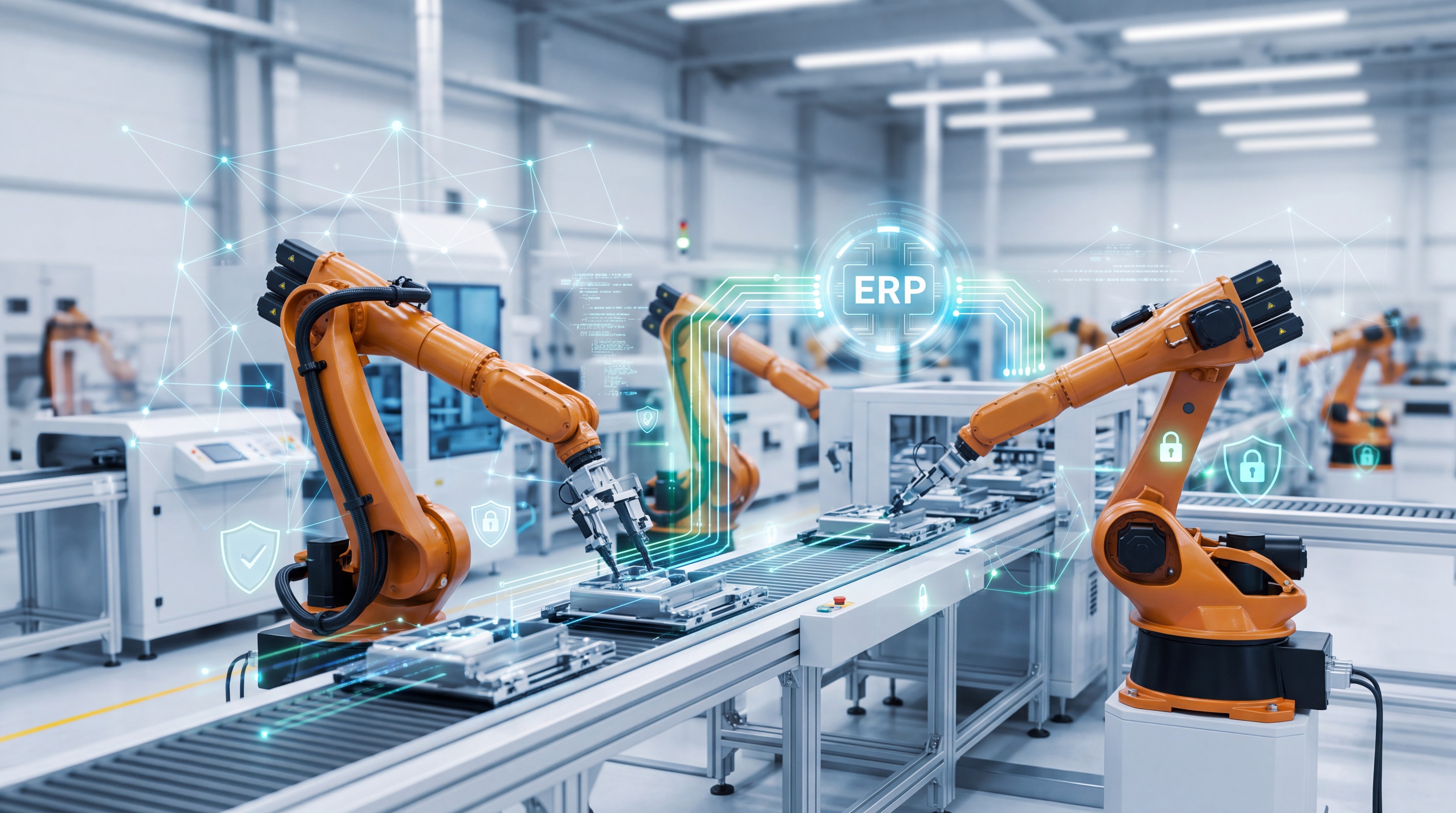 Modern automated manufacturing shop floor with visual representations of secure digital data flows and network segmentation.