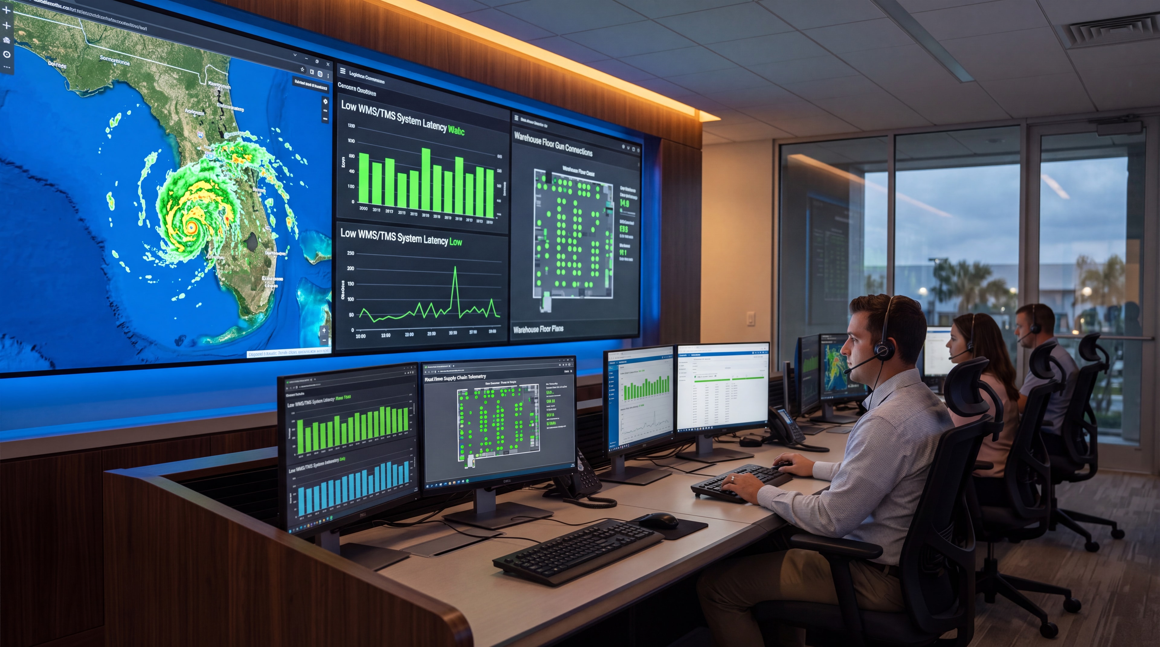Logistics control center operations dashboard tracking WMS uptime and supply chain metrics.