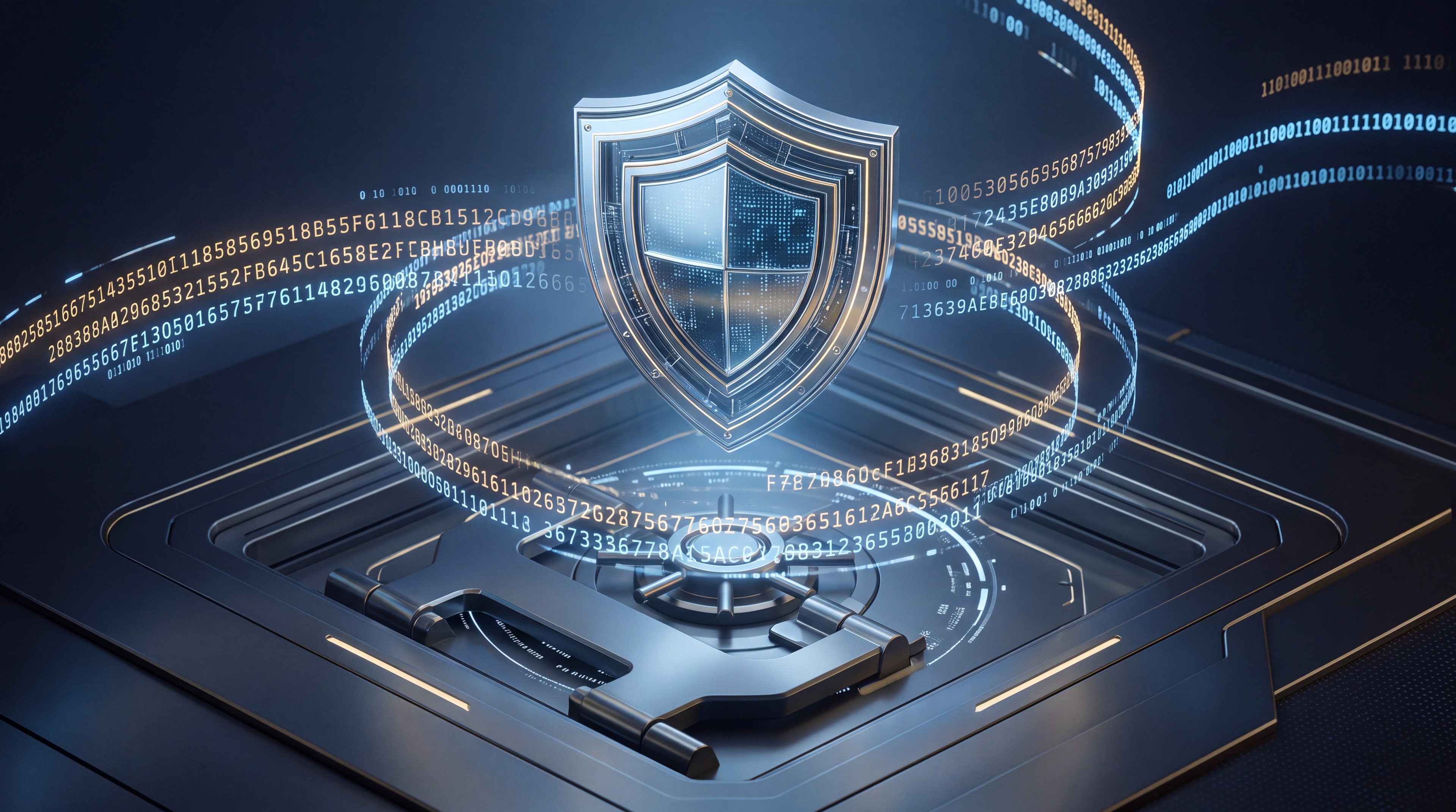 Digital governance shield floating above a secure document vault representing immutable audit evidence.