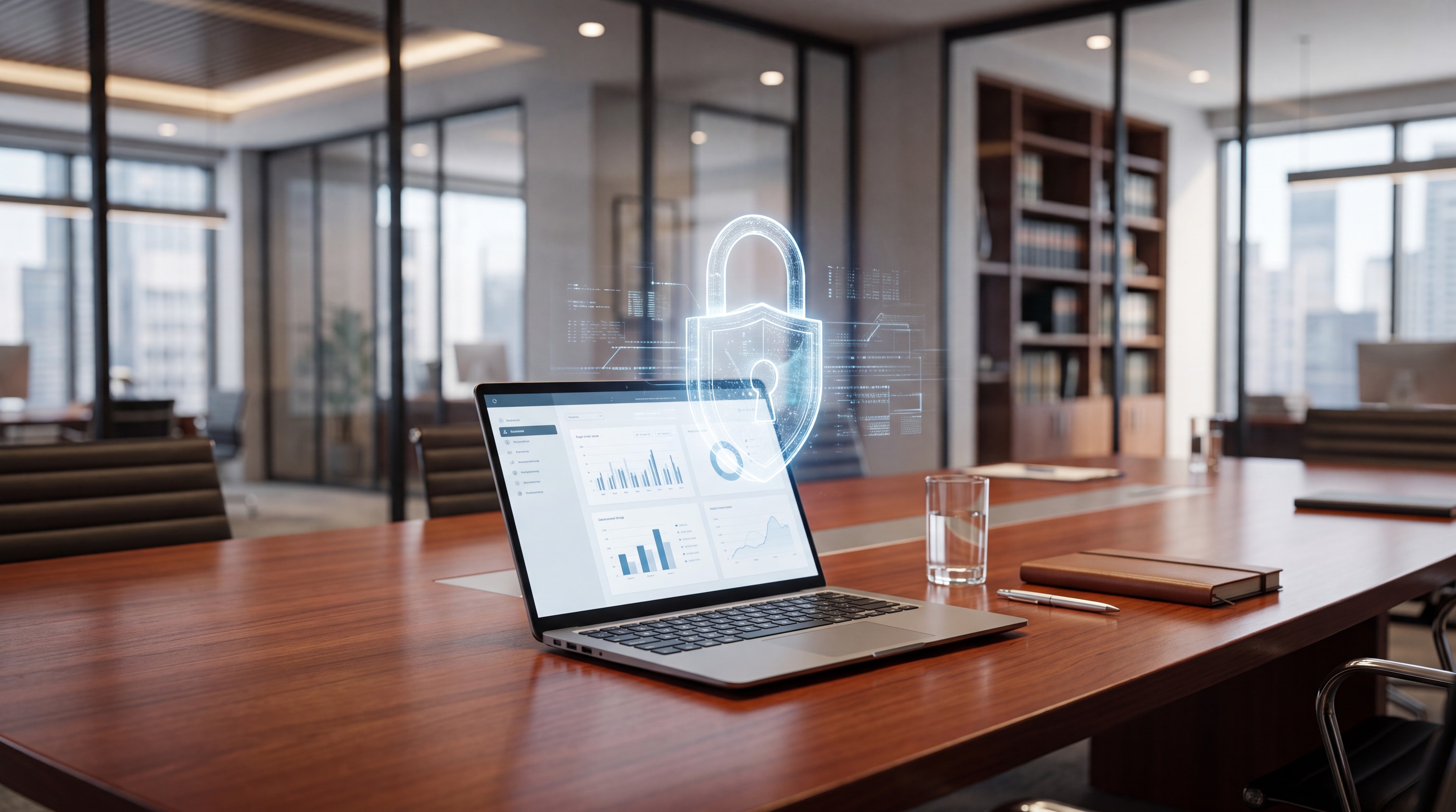 Modern law office boardroom with a laptop displaying secure data encryption concepts.