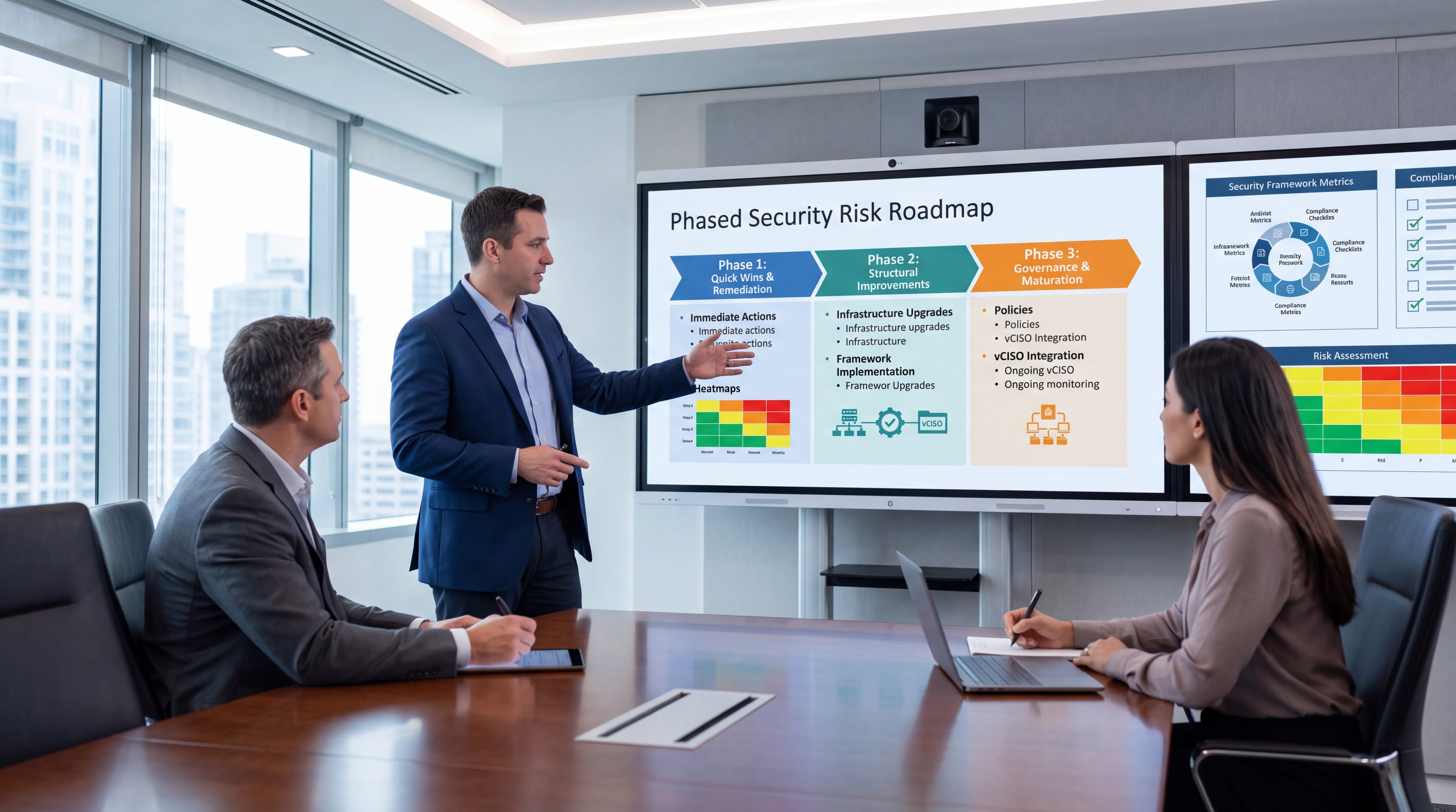 IT directors and security consultants collaborating around digital screens showing a risk assessment roadmap.