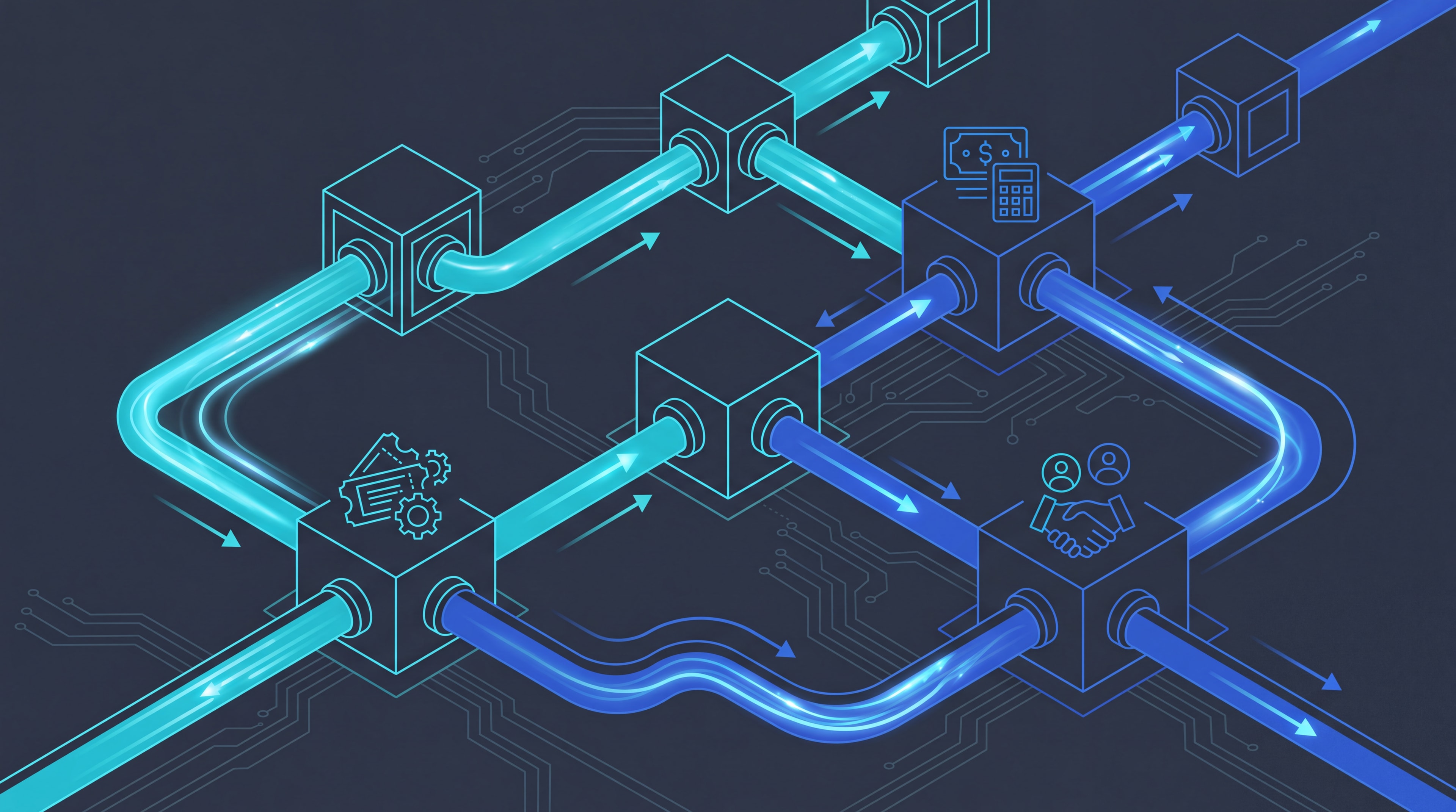 Connected systems workflow diagram illustrating API orchestration across PSA, billing, and onboarding software.