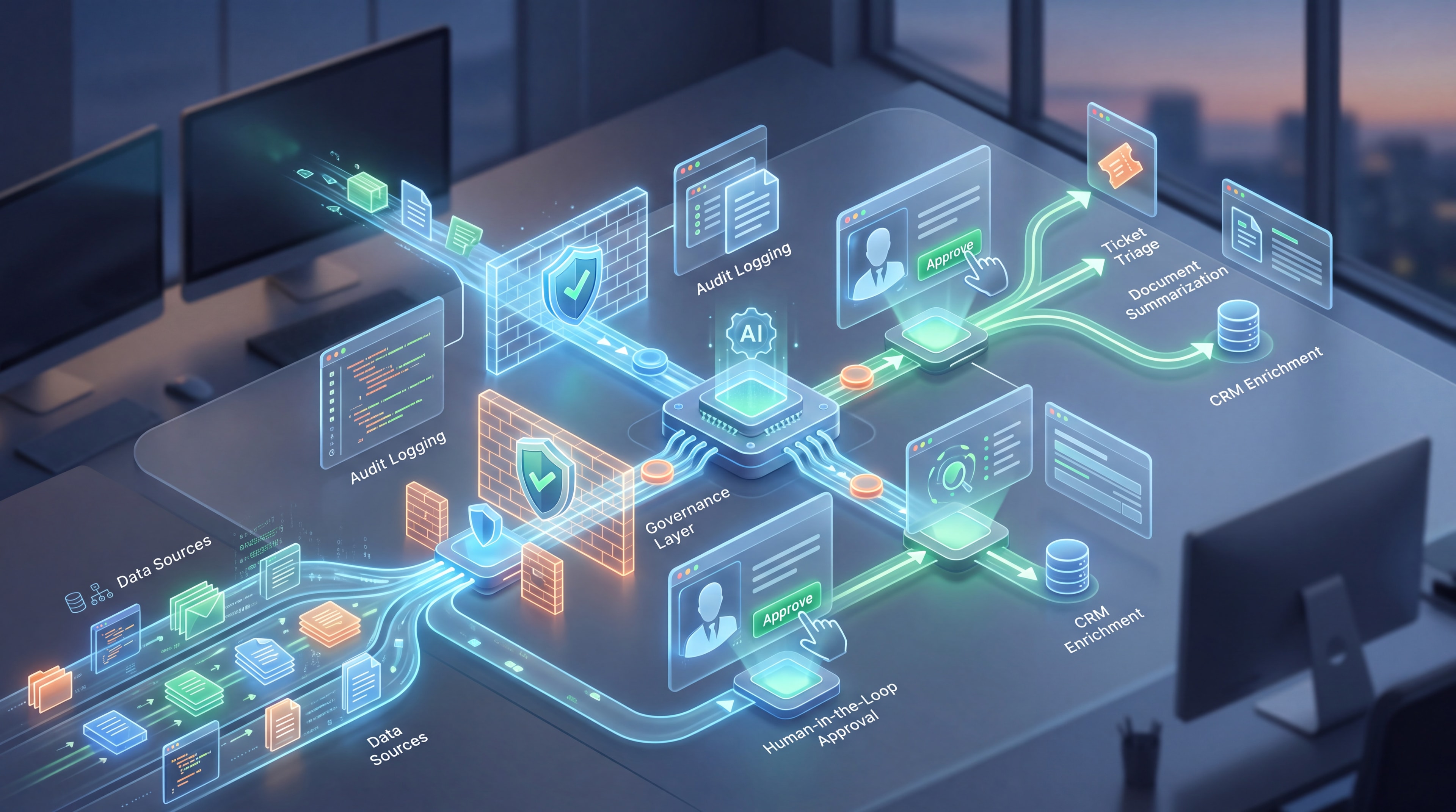 Isometric visualization of governed AI workflow automation with secure data boundaries and human-in-the-loop approval nodes.