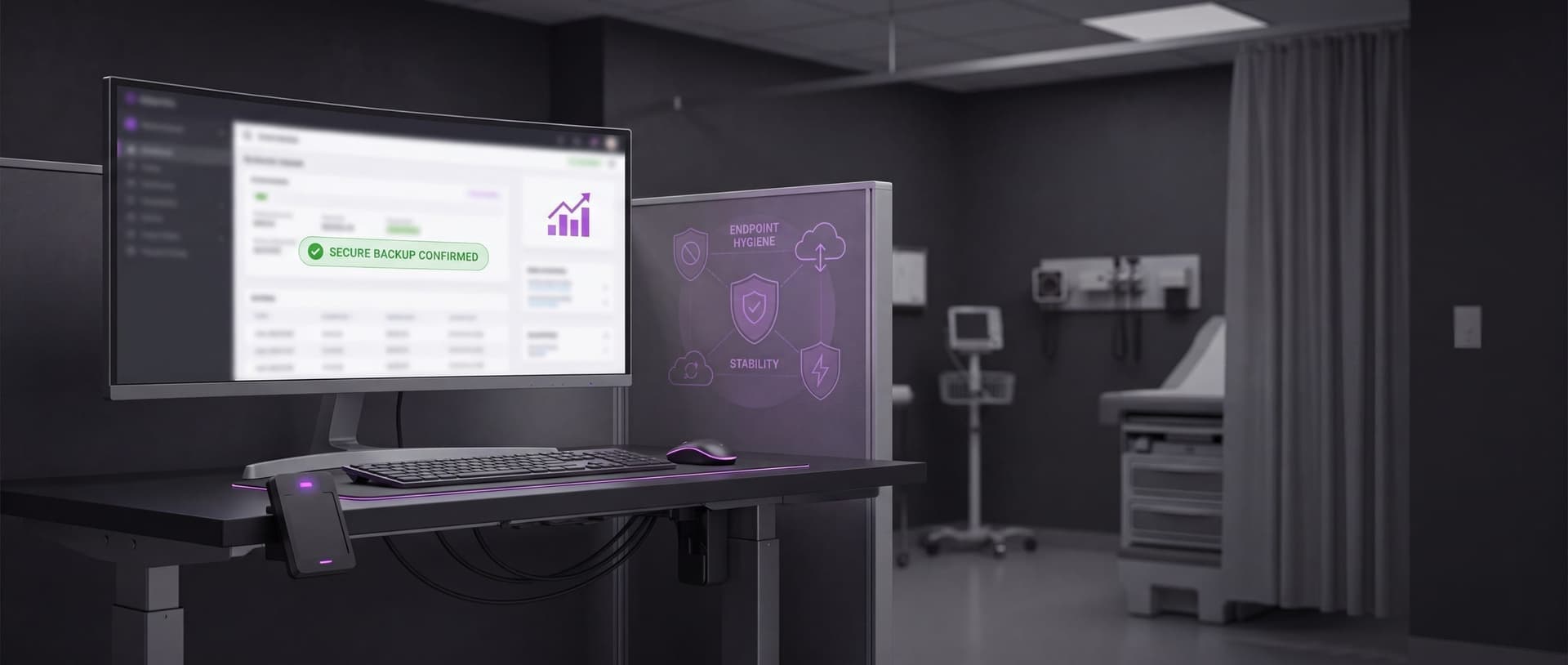 Clinical workstation reading "Secure backup confirmed" beside an "Endpoint hygiene" and "Stability" controls panel in an exam room
