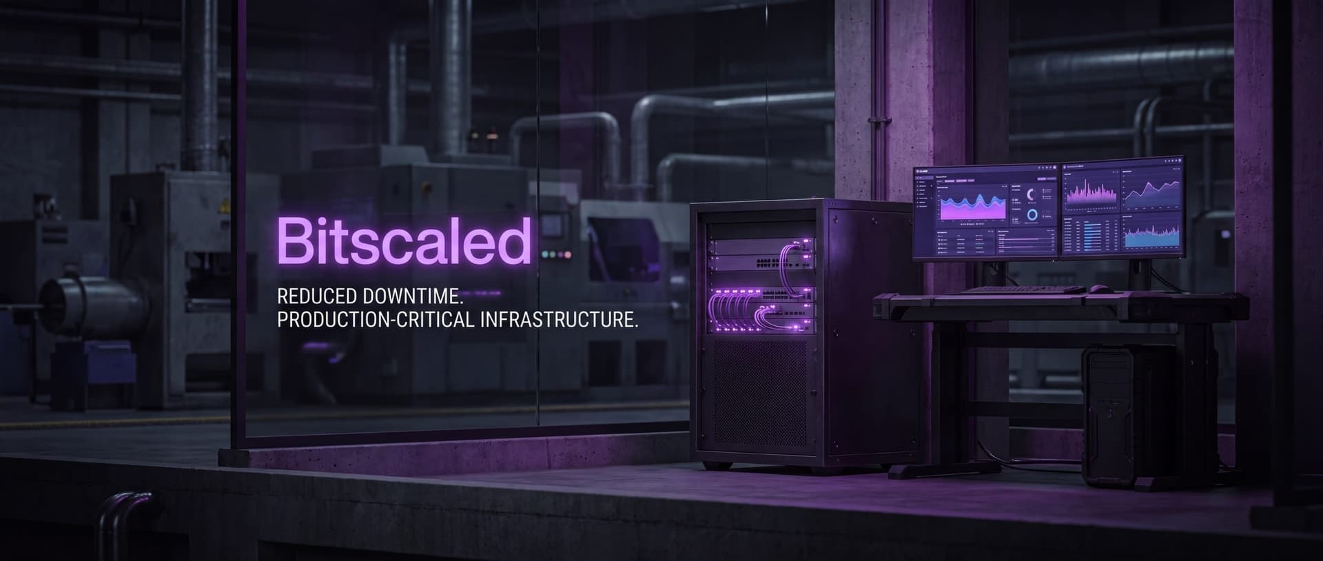 Server rack and dual-monitor operations dashboard on a factory floor, illustrating reduced downtime for production-critical infrastructure
