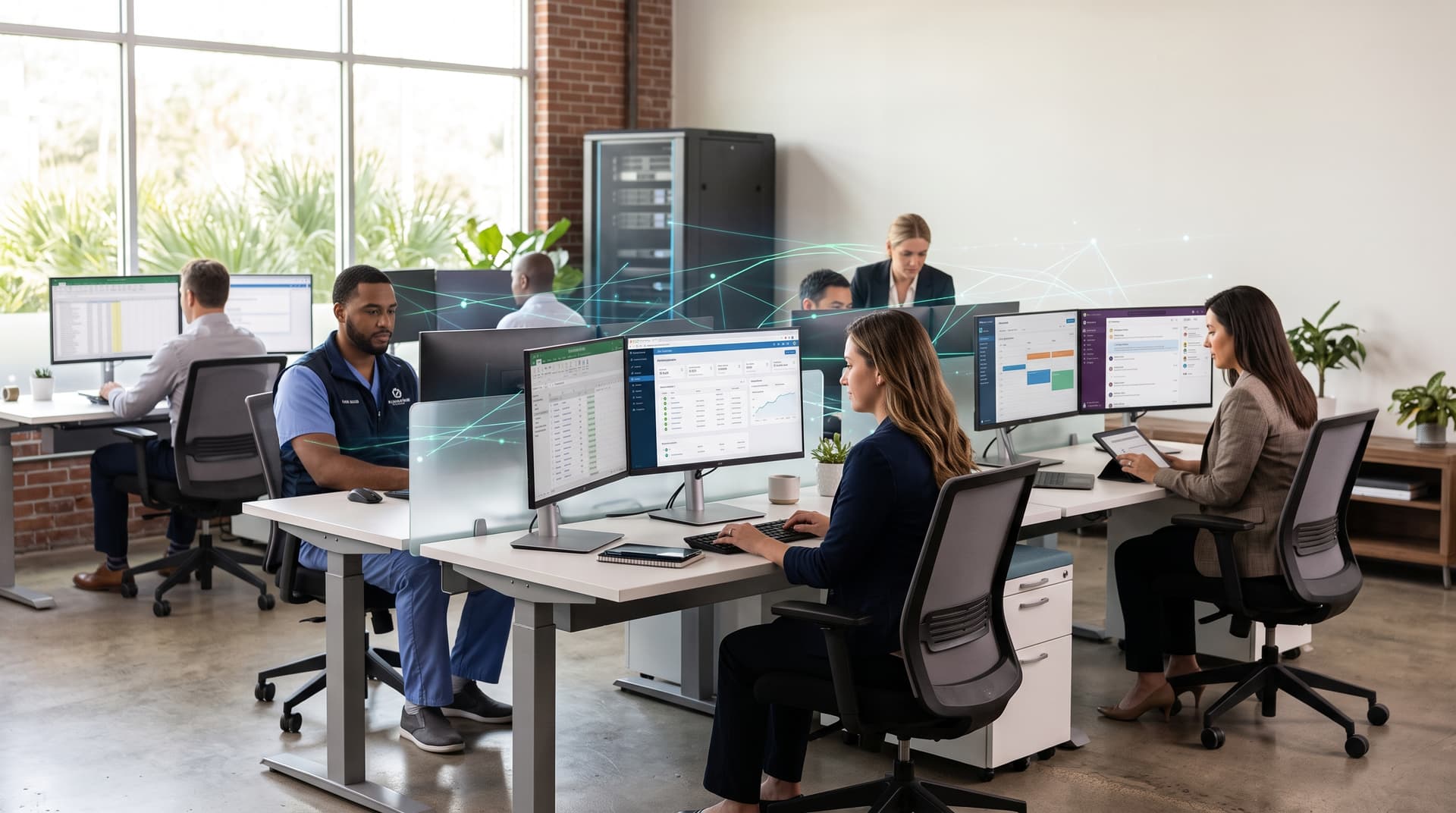 A calm, modern office environment representing predictable IT operations during peak business hours.