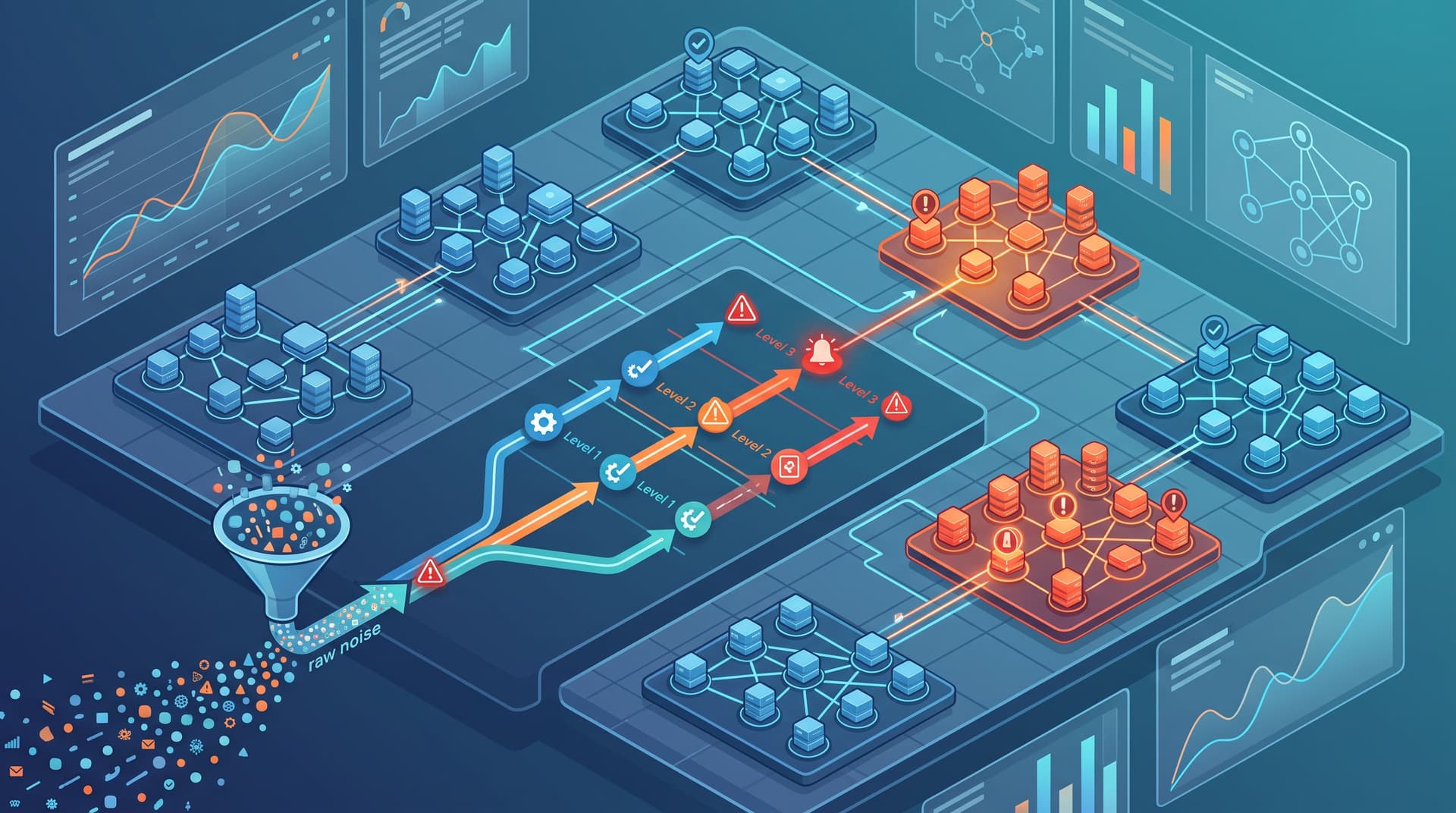 Abstract illustration of a modern multi-site infrastructure monitoring dashboard with network nodes and threshold metrics.