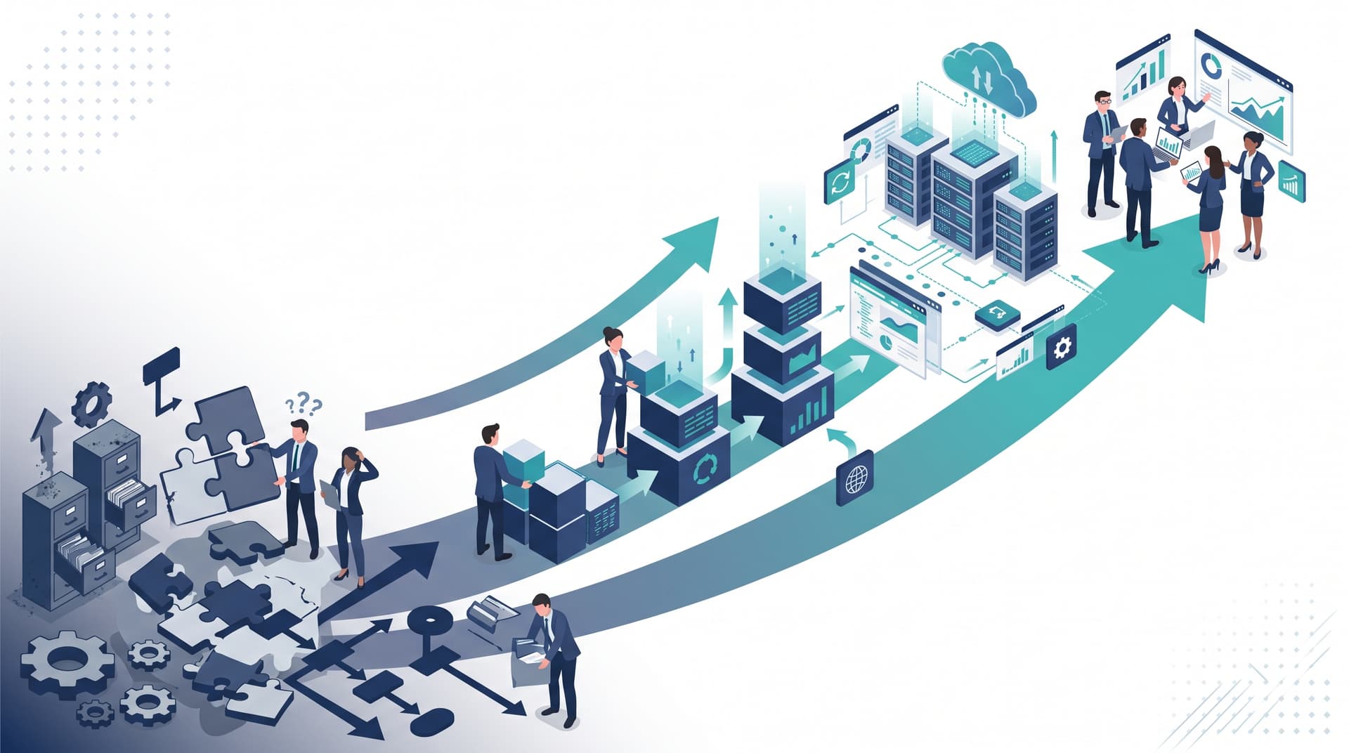 Illustration depicting a phased digital modernization journey from legacy systems to cloud architecture.