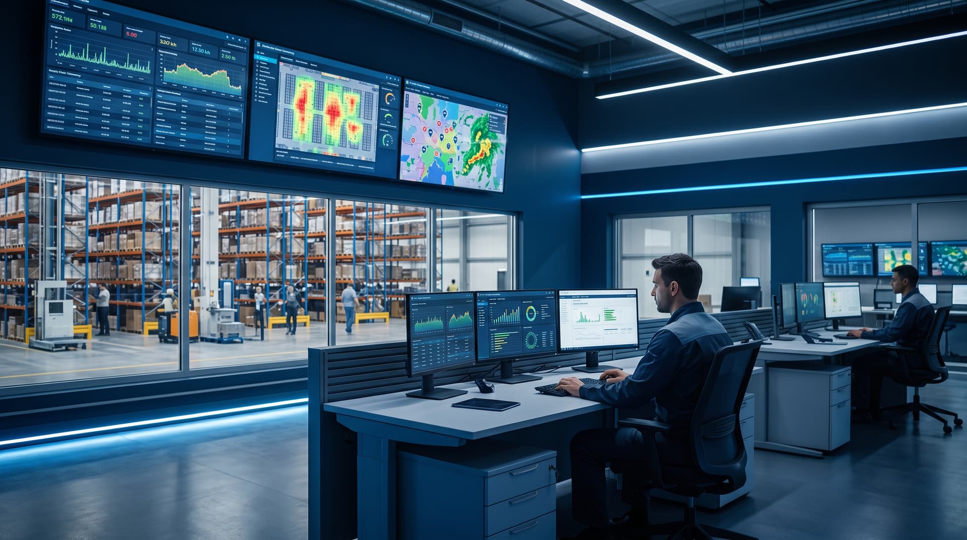 Modern warehouse logistics control center displaying real-time telemetry, fleet tracking maps, and facility network health.