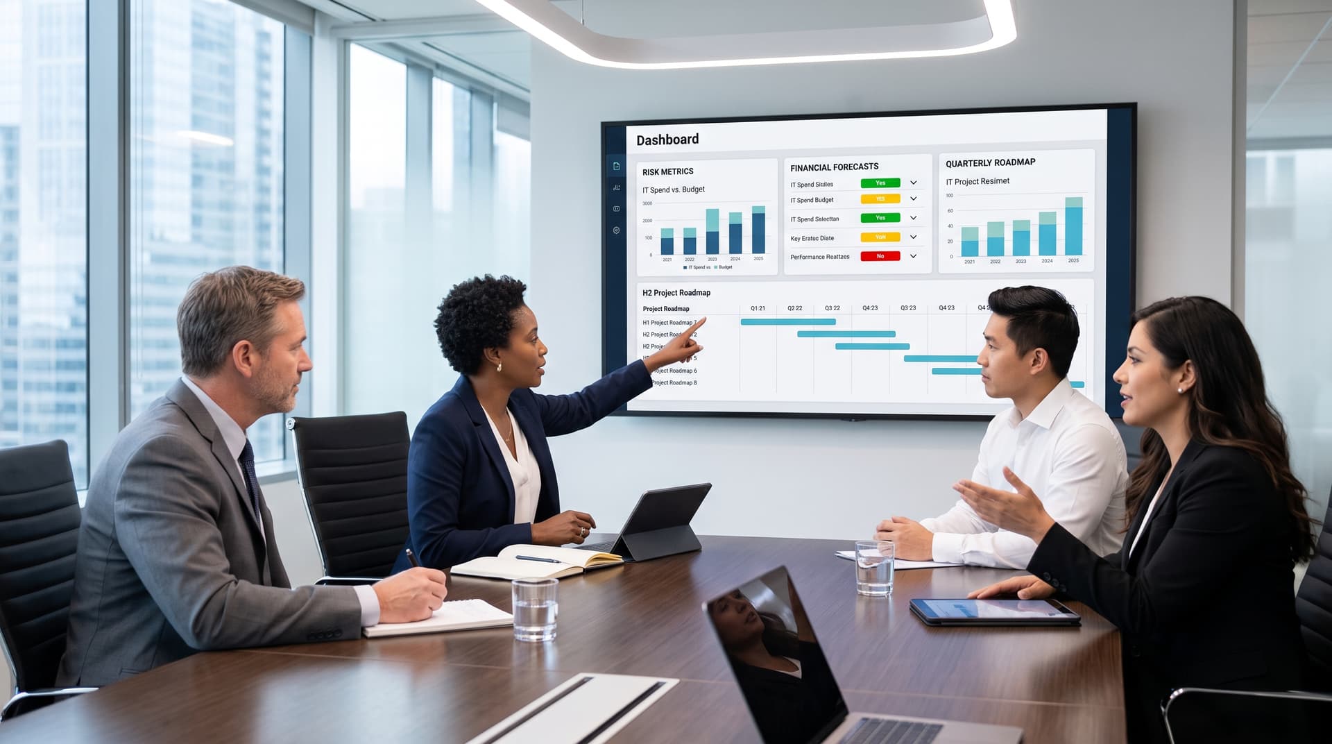 Executive team conducting a quarterly strategy review meeting with modern IT risk and budget charts displayed on a screen.
