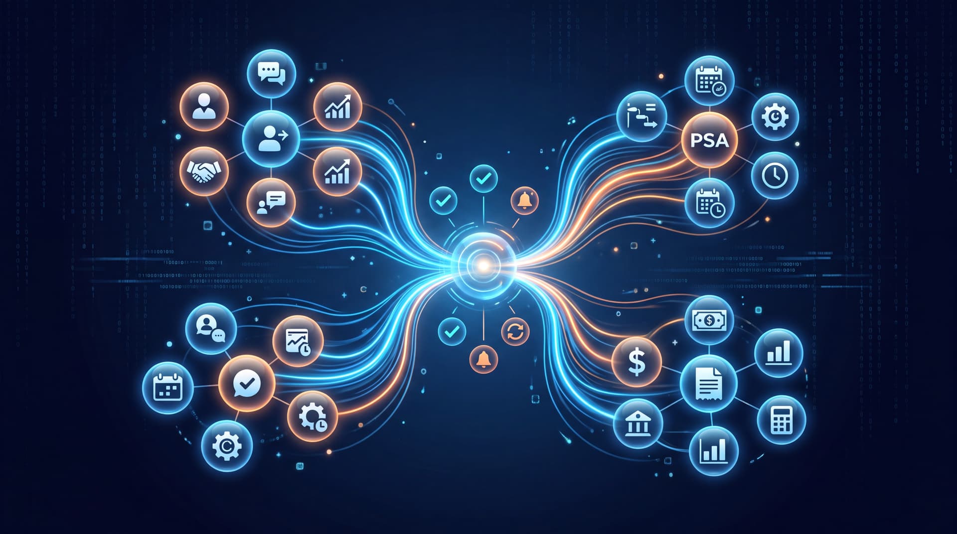 A modern connected systems graphic illustrating seamless data flow between applications
