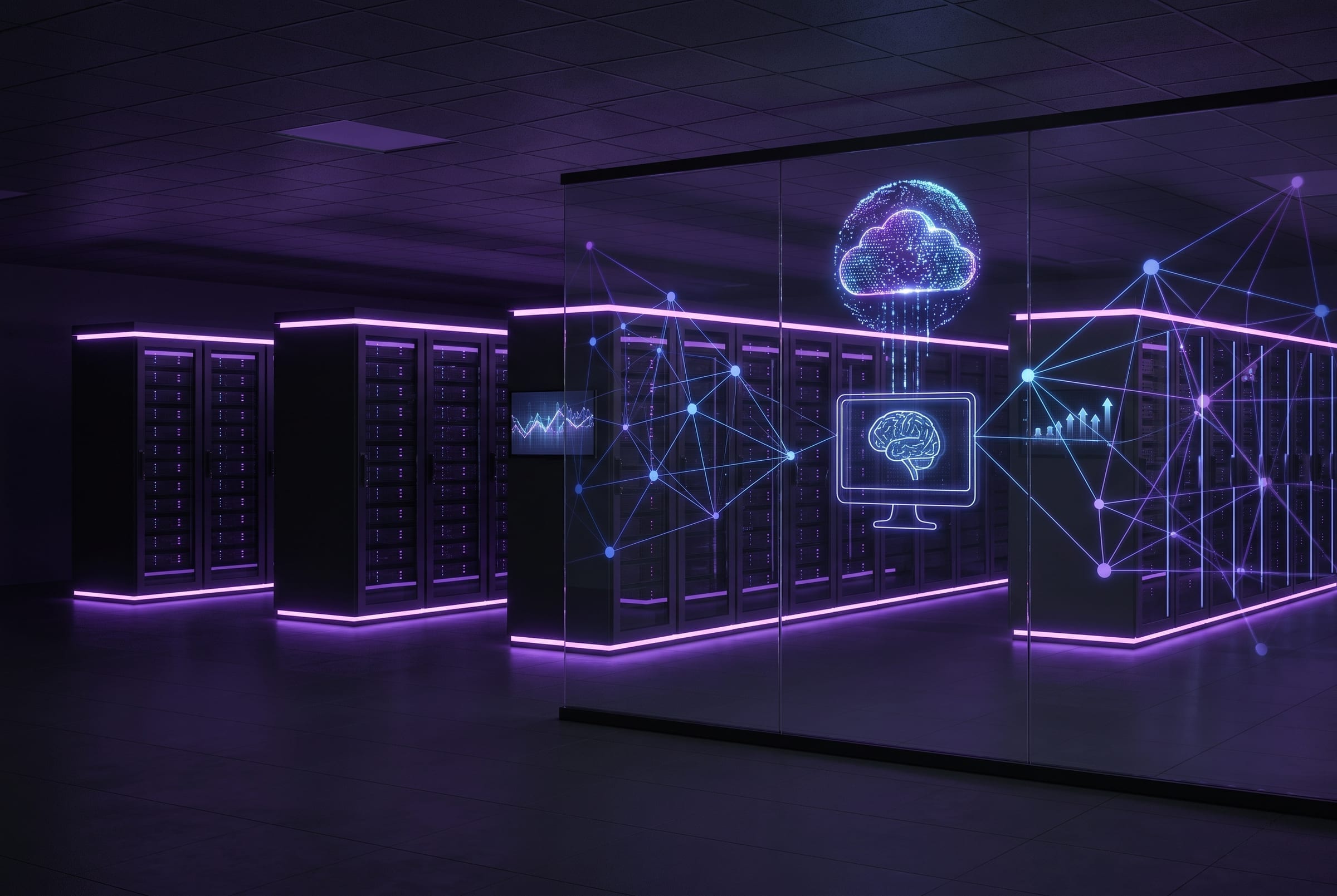 Managed cloud infrastructure and server room with purple network overlays