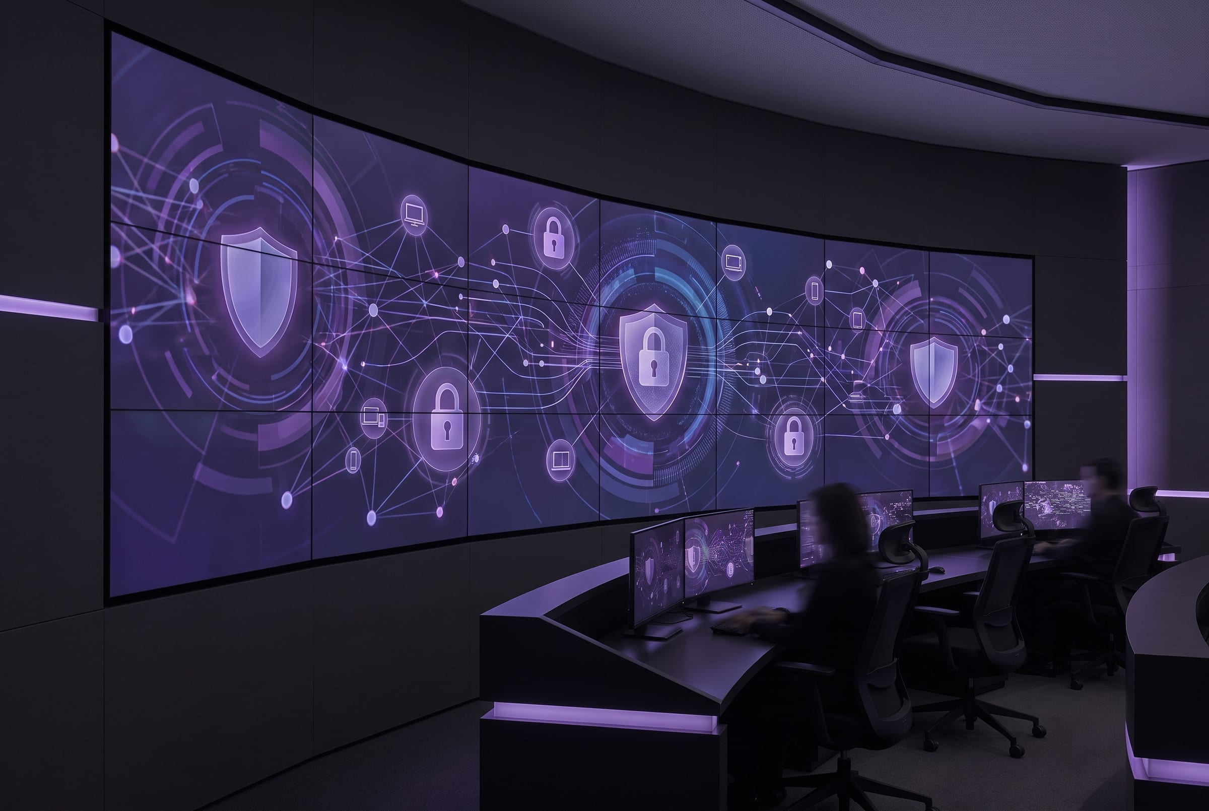 Security operations center with purple threat monitoring visuals
